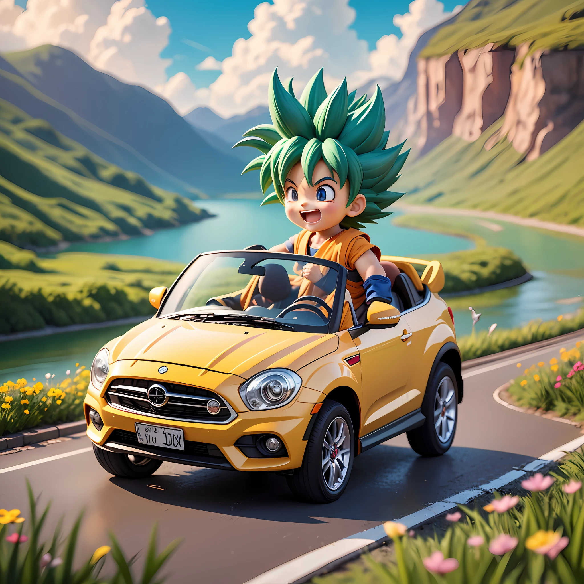 raindrops，Clouds，sunbeam，highway， boy driving a car，son goku，super saiyan，Laugh，Spiked hairstyle，Flowers，Mountain，rivers，bird，Entire body，Rich colors，Chibi T-Shi