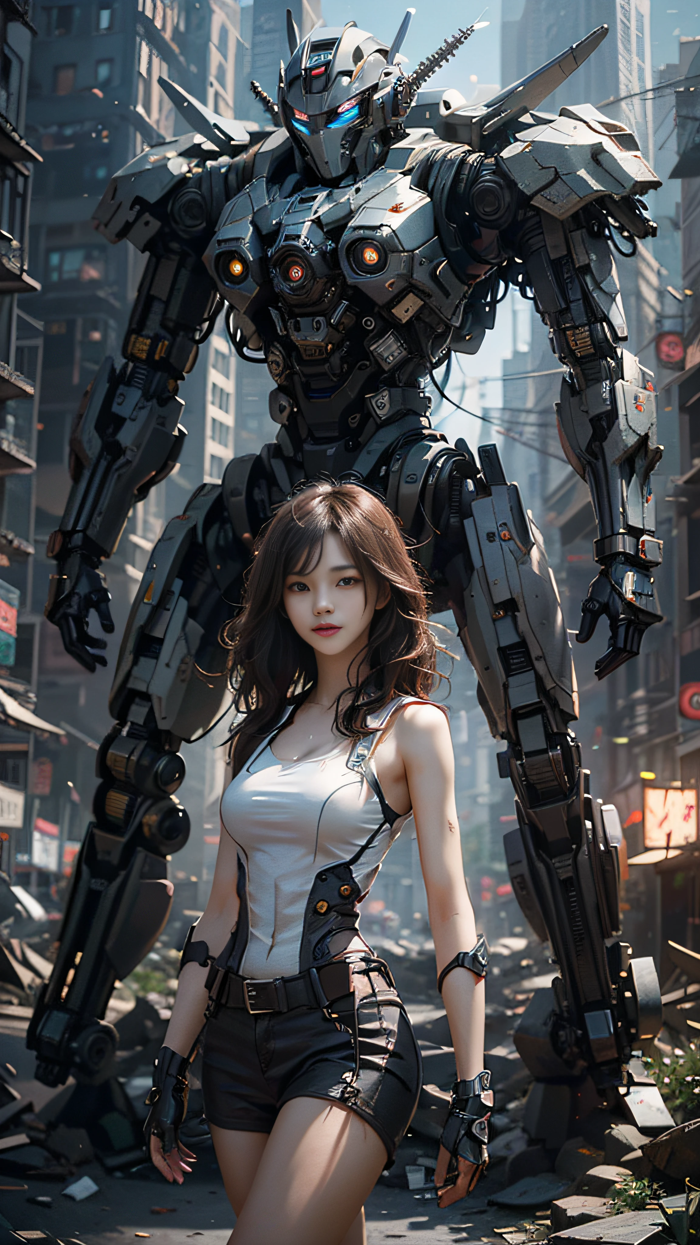 ((Best Quality)), ((Masterpiece)), (Very Detailed:1.3), 3D, Shitu-mecha, Beautiful cyberpunk woman with her pink mech in the ruins of a city in the forgotten war, Ancient technology, HDR (High Dynamic Range), ray tracing, NVIDIA RTX, super resolution, unreal 5, subsurface scattering, PBR texture, post-processing, anisotropic filtering, depth of field, maximum sharpness and sharpness, multi-layer texture, albedo and highlight maps, surface shading, Accurate simulation of light-material interactions, perfect proportions, octane rendering, duotone lighting, low ISO, white balance, rule of thirds, wide aperture, 8K RAW, high efficiency sub-pixels, subpixel convolution, luminous particles, light scattering, tyndall effect (whole body), (delicate facial features), (perfect face), dynamic angles.