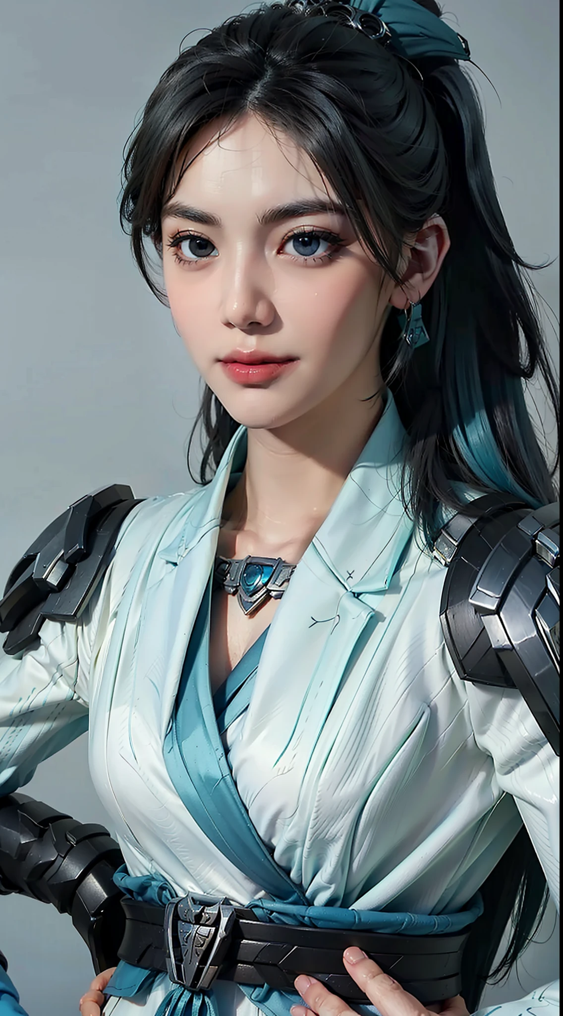 （Medium head） Perfect face， beatutiful face， extemely detailed eyes， beautifull eyes， medium eyes， Sexy posture， standing alone， 1girls，Smile with，bluehair， best possible quality， The Masterpiece，hair ornament， mitts，flegs， perfect litthing，《Intrepid Covenant》Style of play，Sage