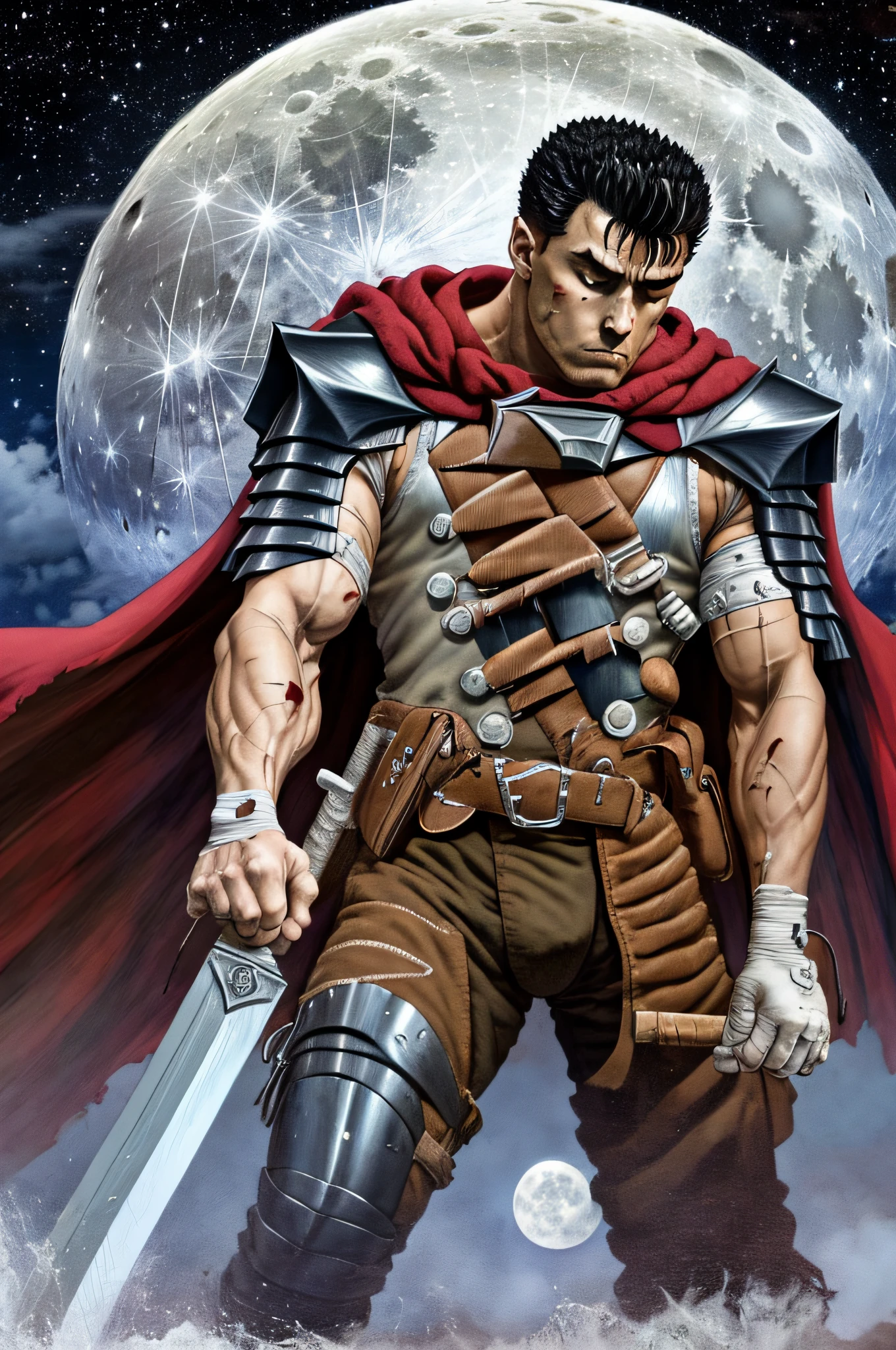 masterpiece, best quality, highly detailed, guts \(berserk\), 1boy, armor, bandages, black hair, cape, full moon, huge weapon, male focus, manly, moon, multicolored hair, one eye closed, scar, solo, sword, weapon, white hair