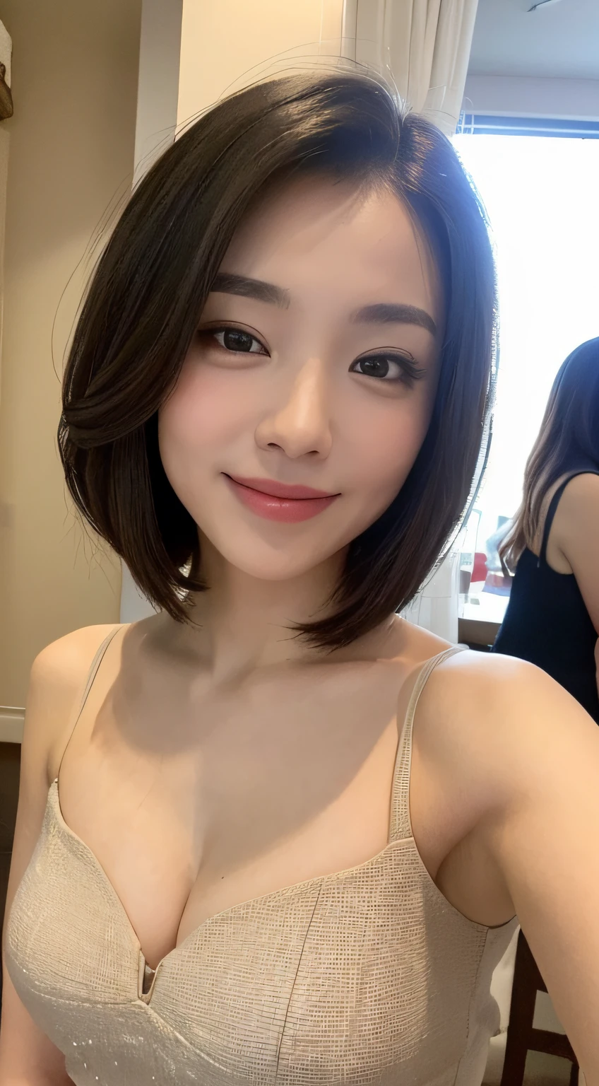 ((Best Quality, 8K, Masterpiece: 1.3)), 1girl, Slim Abs Beauty: 1.3, (Hairstyle Casual, :1.2), Sexy dress, super fine face, Delicate eyes, Double eyelids, smile. Take pictures in cute pose, very low figure, small waist, big breasts, close-up, zoomed close-up chest, beautiful background