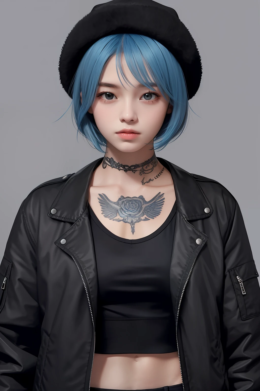 a young woman with short blue hair and a black hat, wearing a black jacket, with tattoos