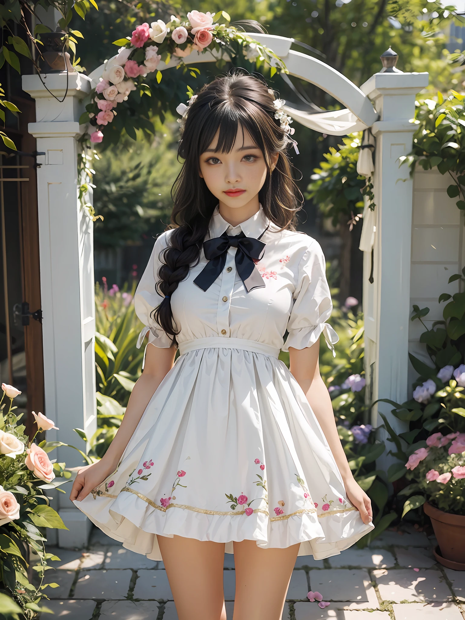 (masterece-piece:1.3)、(8k、photorealestic、RAW Photography、best qualiy: 1.4)、(1girl)、Shallow depth of field、My face is in focus.、softfocus、beautifulface、(contre-jours:1.5)、(Ambient:1.3)、(realistic faces)、(blackhair、Medium Short:1.3)、realistic eye、Dark brown eyes、Highlights in the eyes、Beautiful details、(Plenty of natural light)、(lifelike skin)、Beautiful skin、irresistible、ultra-highres、ultra realistis、high-detail、the golden ratio、One woman with a faint smile、full full body、Pure white smooth and shiny silk socks、Standing in front of garden arch with bouquet of flowers、Loosely wavy hair、ponie tail、Braiding、Ribbons in the hair、Floral blouse with ruffles、bowtie、Blue skirt