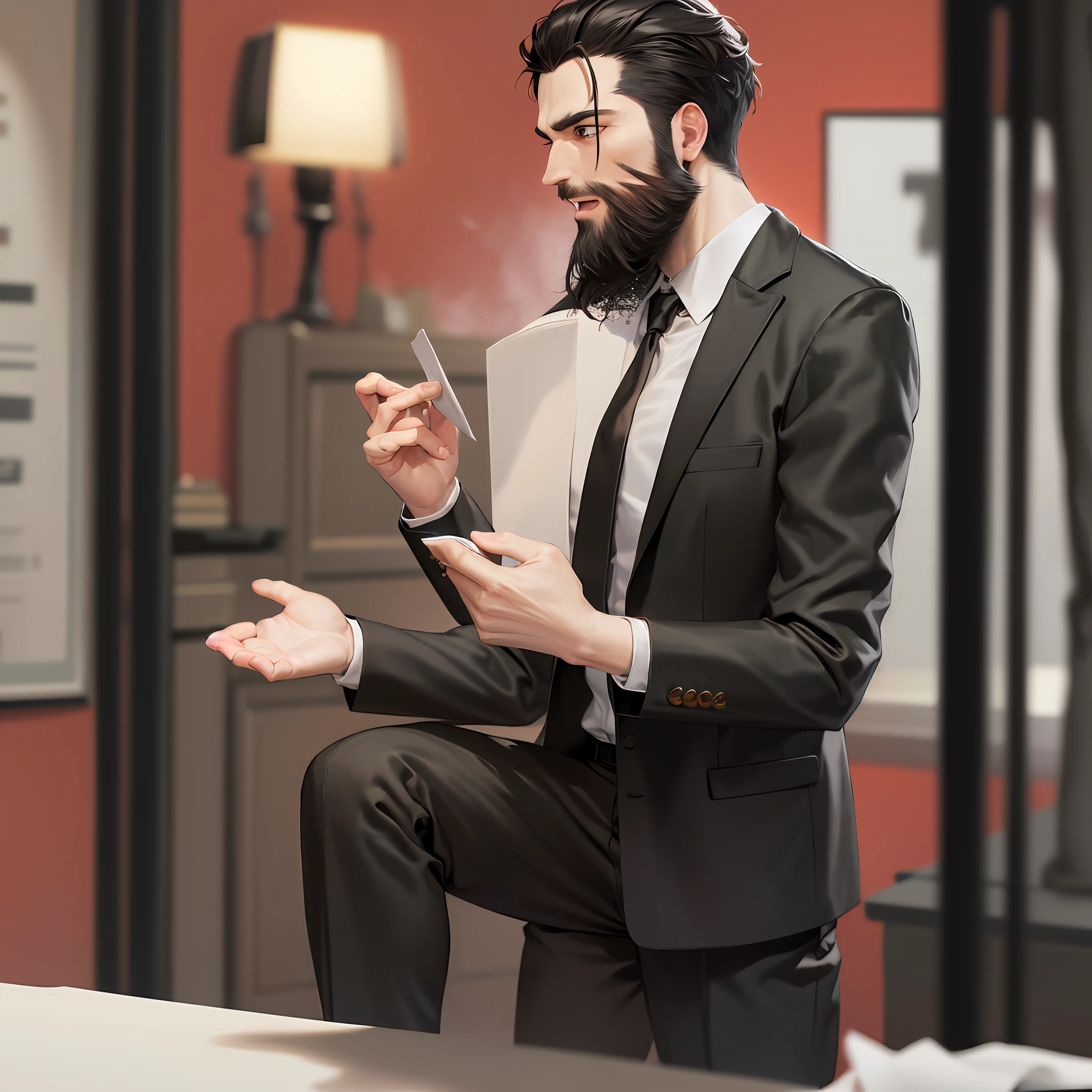 (With_beard:1.3), Red background behind him, Stopped in attention, Black_suit,Black_jacket,shirt, Red_tie,Head, blue_eyes, 1 Man, 25yo,masculino,olhando para o espectador,(irritado:1.0), NSFW,art oficial, papel de parede 8k de unidade CG extremamente detalhado, perfect illumination, colorido, Bright_Front_face_Lighting, (obra-prima: 1.0), (best_quality: 1.0), Ultra high resolution, 4K, ultradetalhado, fotografia, 8K, HDR, Highresolution, absurdos: 1.2, Kodak portra 400, film grain, fundo desfocado, bokeh:1.2, reflexo de lente, (cor vibrante:1.2)