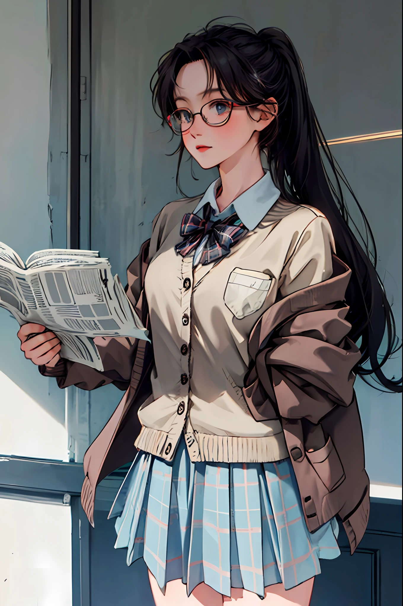 kr-pny，The ponytail is ridiculously long，Bangs split ends，1girl，school uniform，Dark gray cardigan jacket，Dark gray blazer，Pleated skirt，plaid skirts，Round-rimmed glasses，Reading，Shy and quiet girl，away looking，Extremely delicate hair，Intricate details, master-piece, the best qualityt, Upper Bust, Realistic ,1980s anime style，old newspaper，old fashion