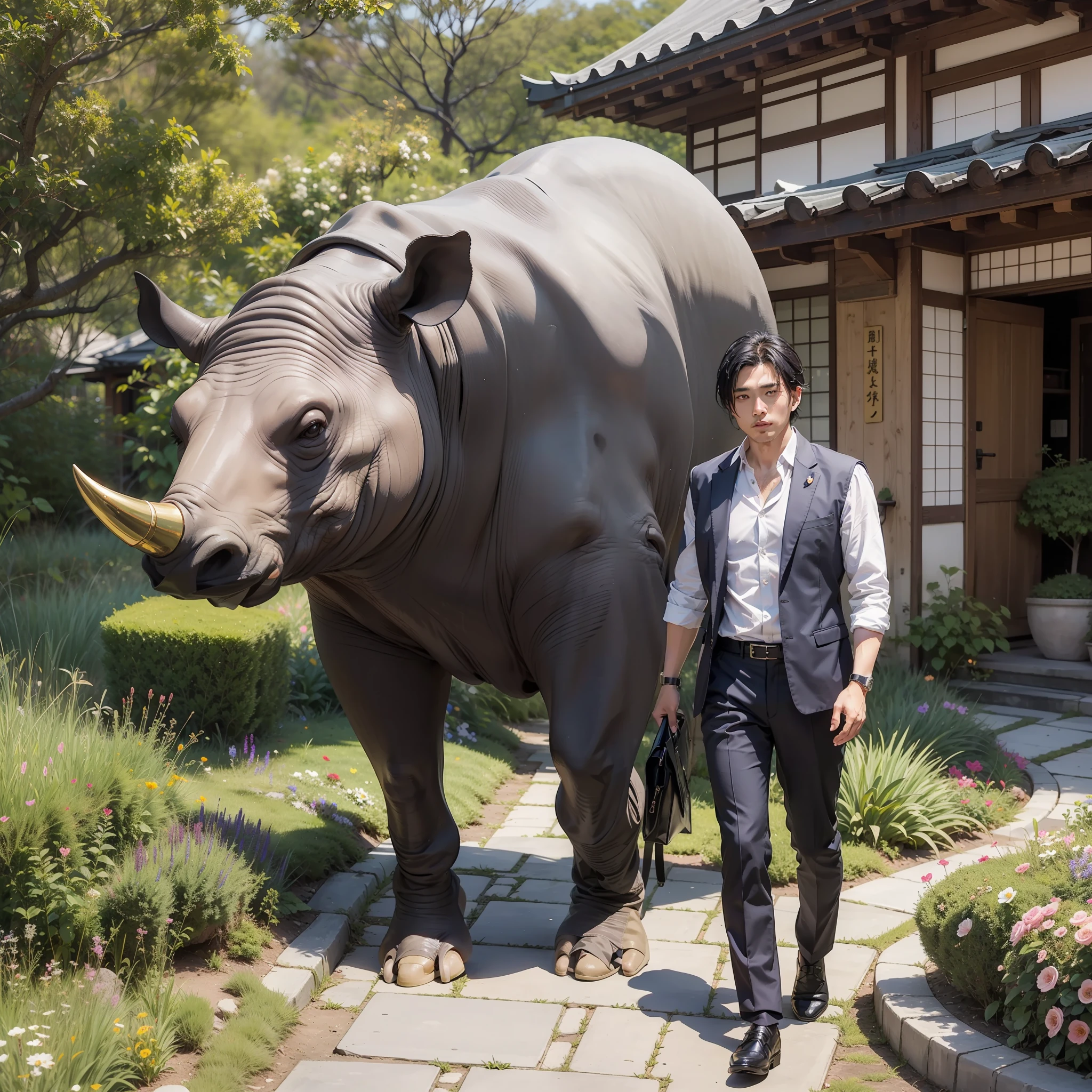 best qualiy、Full body portrait、Japan Faces、Strong face、35-year-old man、Masculine body shape、Full body suit、Office Clothes、blackhair、short-haired、Outdoor Scene、Standing、Walk through the Japan Garden、Many golden rhinoceros are blooming