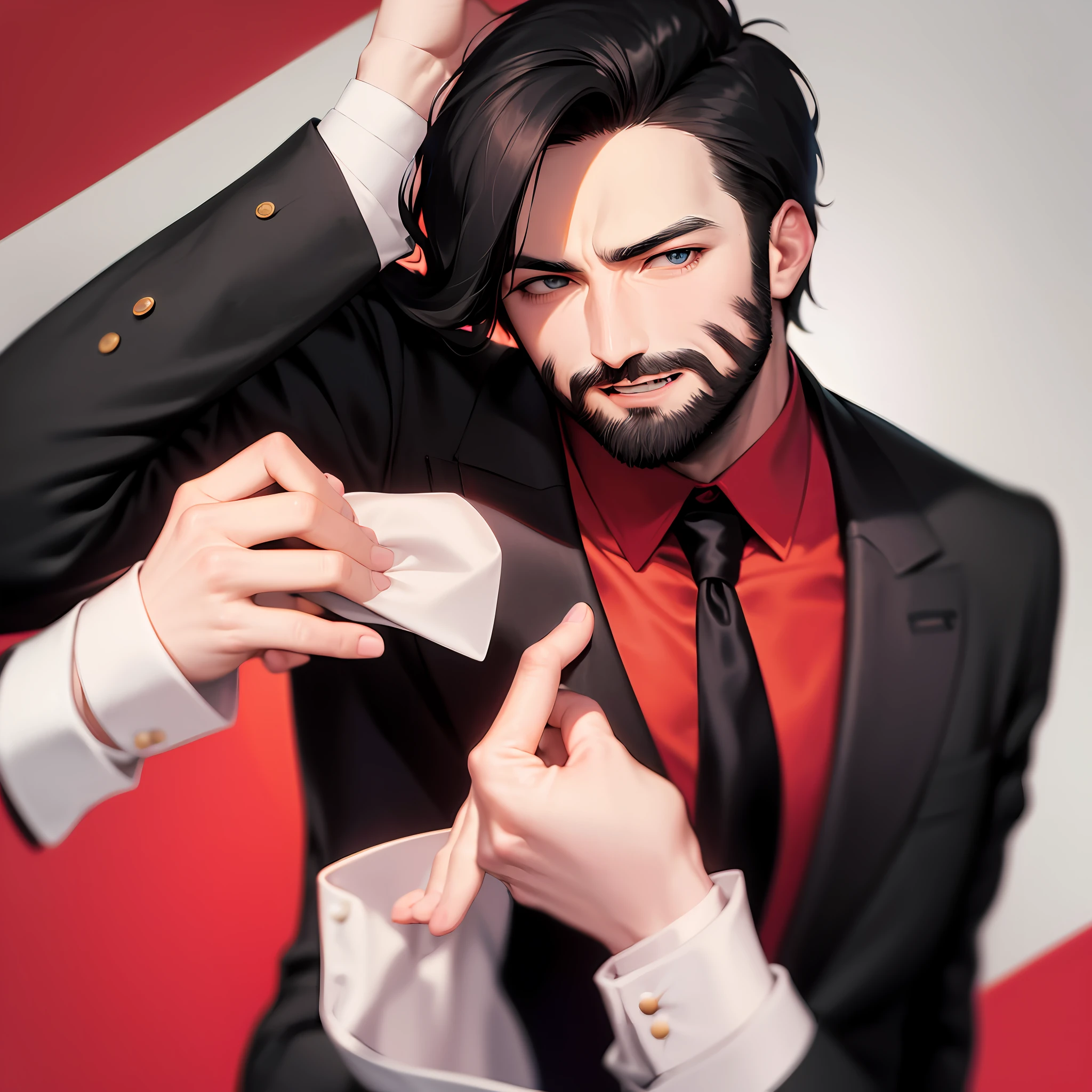 (With_beard:1.3), Red background behind him, Stopped in attention, Black_suit,Black_jacket,shirt, Red_tie,Head, blue_eyes, 1 Man, 25yo,masculino,olhando para o espectador,(irritado:1.0), NSFW,art oficial, papel de parede 8k de unidade CG extremamente detalhado, perfect illumination, colorido, Bright_Front_face_Lighting, (obra-prima: 1.0), (best_quality: 1.0), Ultra high resolution, 4K, ultradetalhado, fotografia, 8K, HDR, Highresolution, absurdos: 1.2, Kodak portra 400, film grain, fundo desfocado, bokeh:1.2, reflexo de lente, (cor vibrante:1.2)