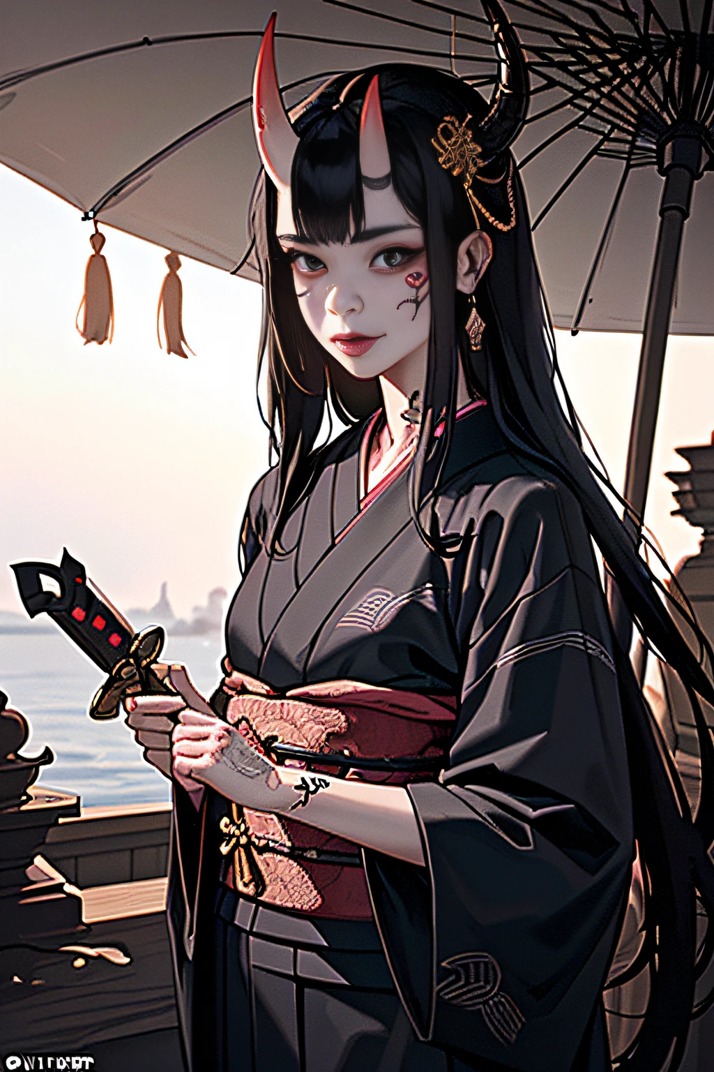 (photorealistic:1.3), masterpiece, best quality, (intricate details:1.2), (scenery:1.3), beautiful face, (black theme:1.3), 
(((1girl, a girl in patterned kimono holding a dagger in her hand, (look at veiwer:1.3), (face tattoo:1.2), small oni horn, 
))), full body, split in half