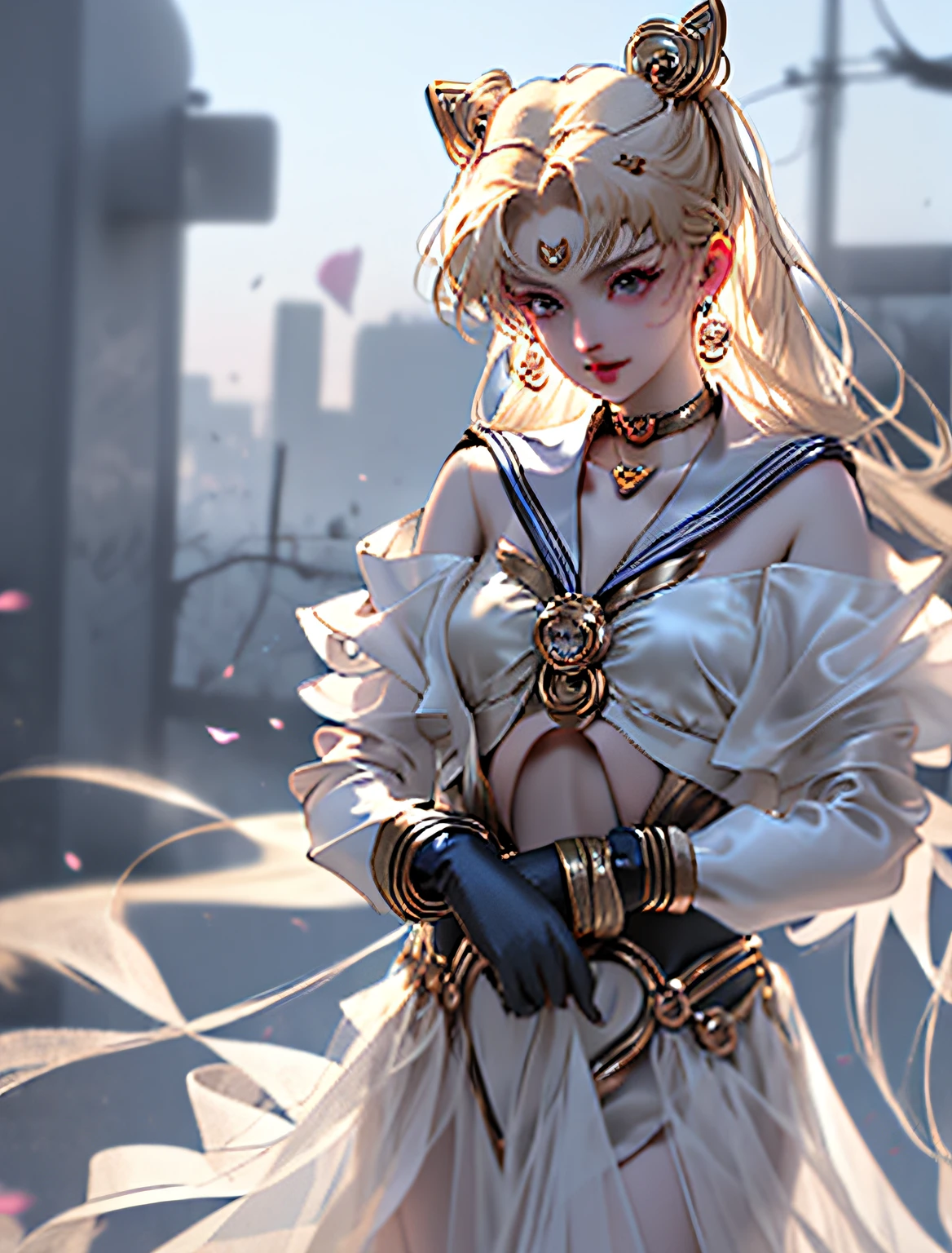 (ultra realistic 8k cg:1.2),perfect artwork,delicate pattern,Intricate Detailing, cel shading,
(Unparalleled masterpiece,best qualiy:1.2),(extremely intricate:1.2),70mm telephoto lens,
-------------------------------
Kpop Idol,Korean beauty,korean mixed,
(1fille,seulement:1.2),femme,Girly,Yeux brillants,(wet skin,NSFW (en anglais seulement):1.1),
(Cheveux absurdement longs:1.4),cheveux flottants,vent,coup de vent,Accessoires pour cheveux,
-------------------------------
(silk and Ribbon in front:1.3),earrings,filigrane,detached sleeves,manches larges,
(see through clothes,translucent clothes,brassard:1.2),(revealing clothes),joaillerie,
(clivage,bare shoulder,Bustier,Simple Choker,Robe tube,Pas de soutien-gorge:1.1),
-------------------------------
(ciel,animation inactive,simple background,Leaves and plant in front :1.2),
-------------------------------
(Meishaonv,fusil,yeux bleus,Tsukino usagi,chignon double,Collier marin,croissant,Arme de maintien,possession,Sailor Moon:1.2)