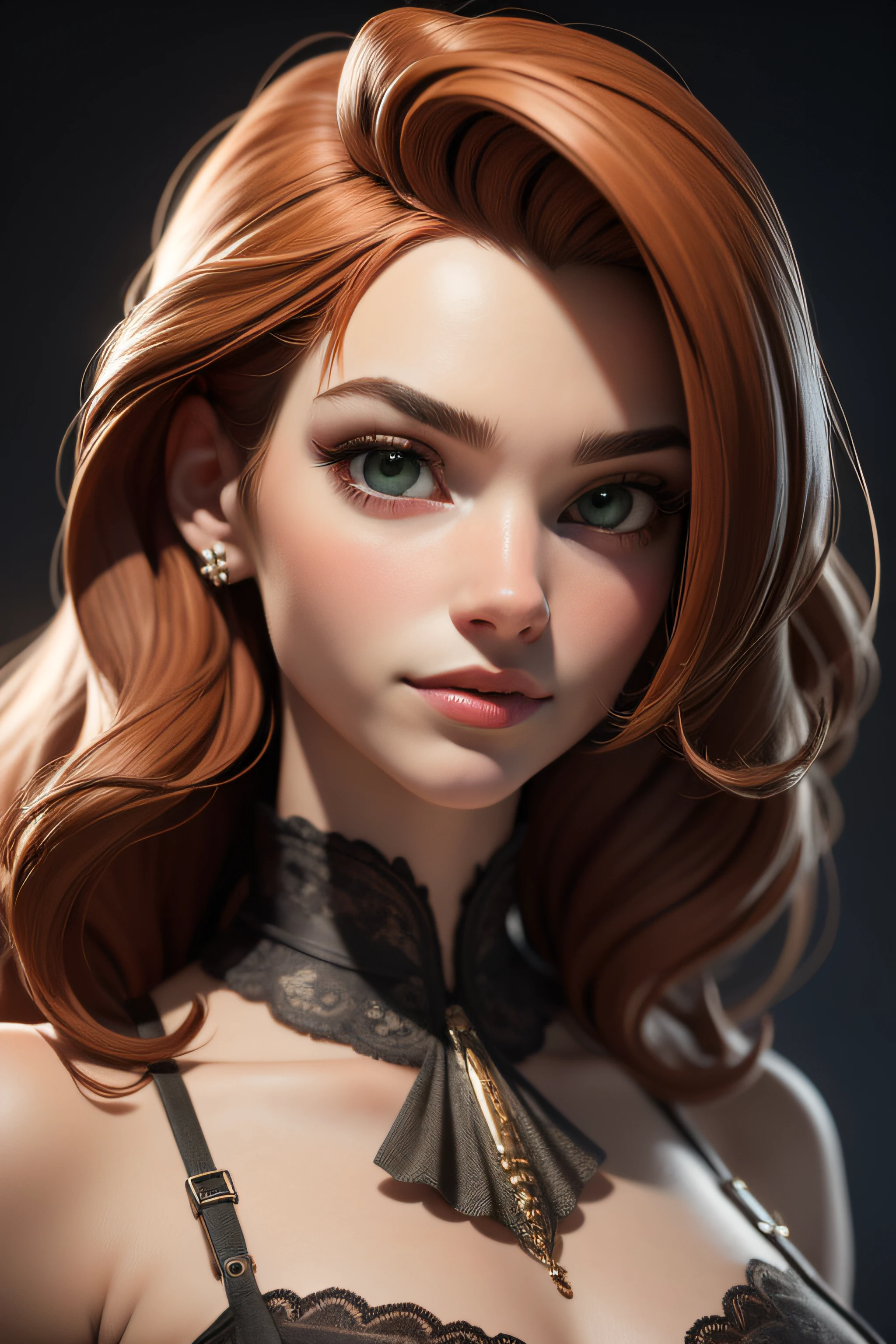 obra-prima, melhor qualidade, trabalho de rending 3d, estilo 3DMM, close-up, retrato, 3D, atriz Emma Stone, solo, cabelo castanho, colar de corda, olhando para o lado, realista, parte superior do corpo, fundo simples, franja, olhando para longe, cabelo preto longo, lips parted, maquiagem, cabelo encaracolado castanho longo, olhos verdes, lingerie rosa, decote, aerith gainsborough, aerith