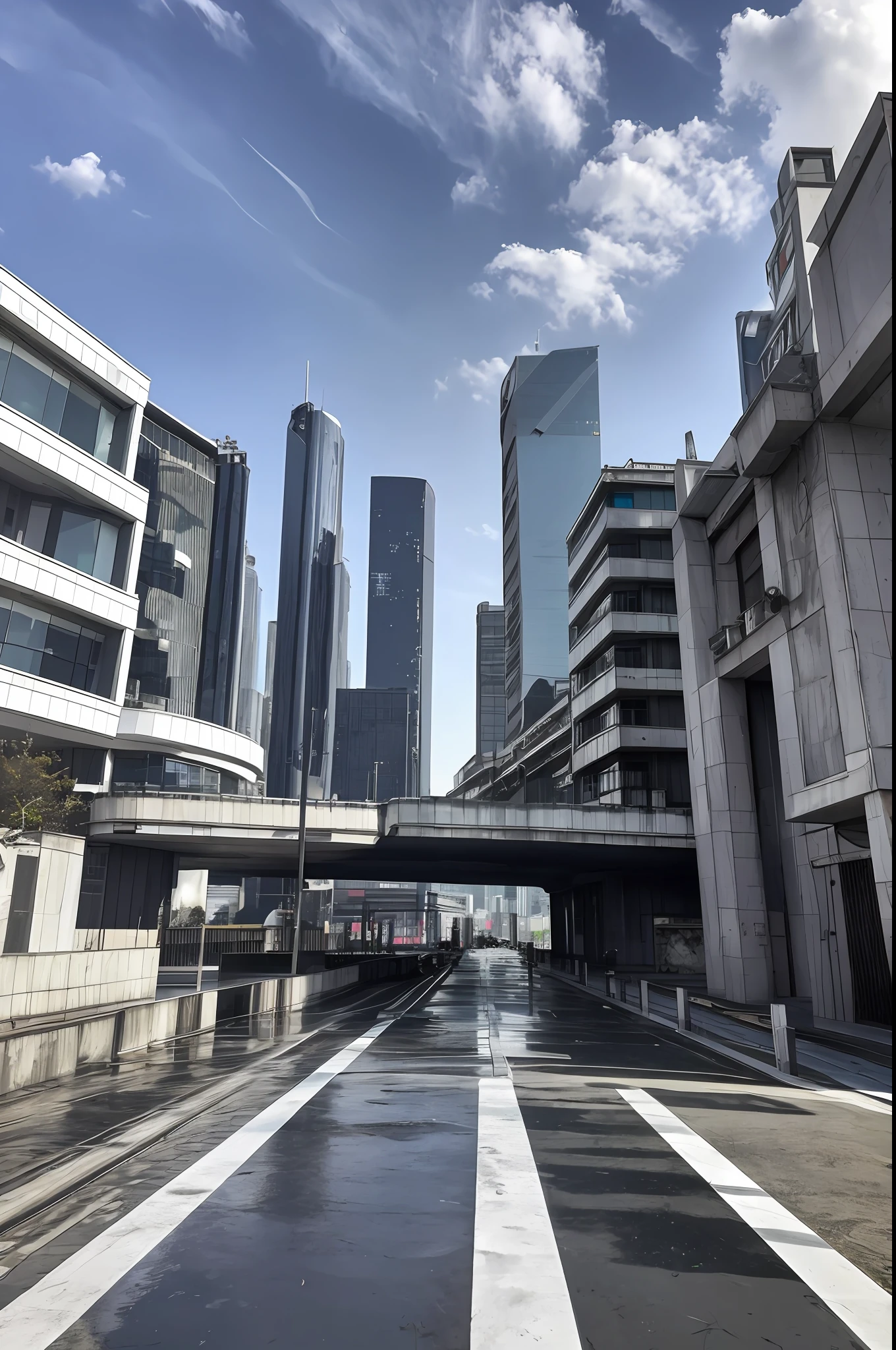 ((masterpiece, best quality)), 8k, modern architecture style, photo realistic, hyper detailed photo, clean sky, ruined city, cyberpunk,rain