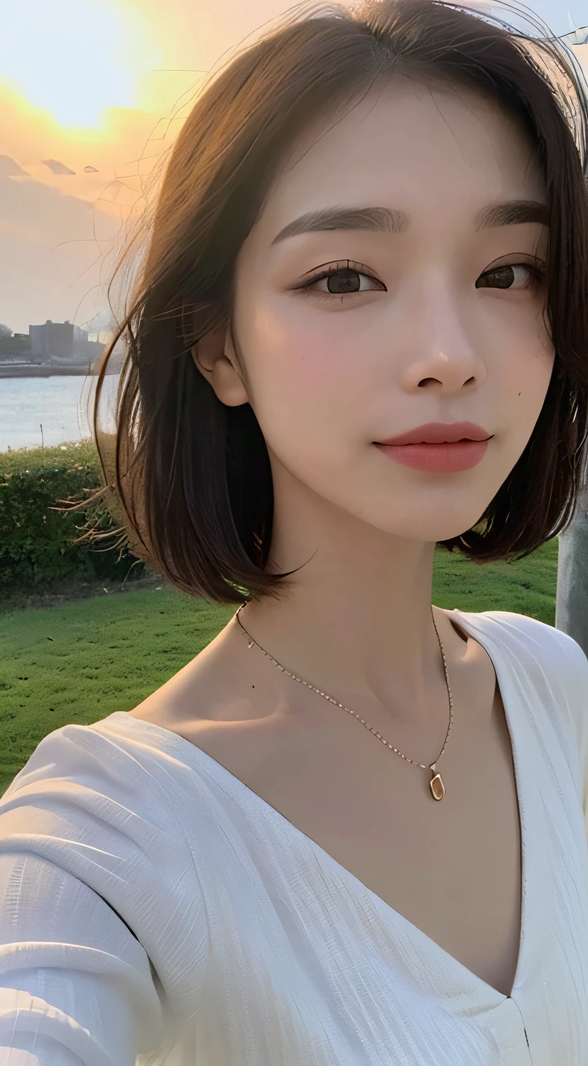 ((top quality, 8k, masterpiece: 1.3)), sharp focus: 1.2, (realistic, photorealistic: 1.37), perfect beautiful woman, highly detailed face and skin texture, detailed eyes, double eyelids, small smile, bob cut swaying in the wind, small bust, small necklace, white summer dress, upper body, sunset sun, afternoon seaside,