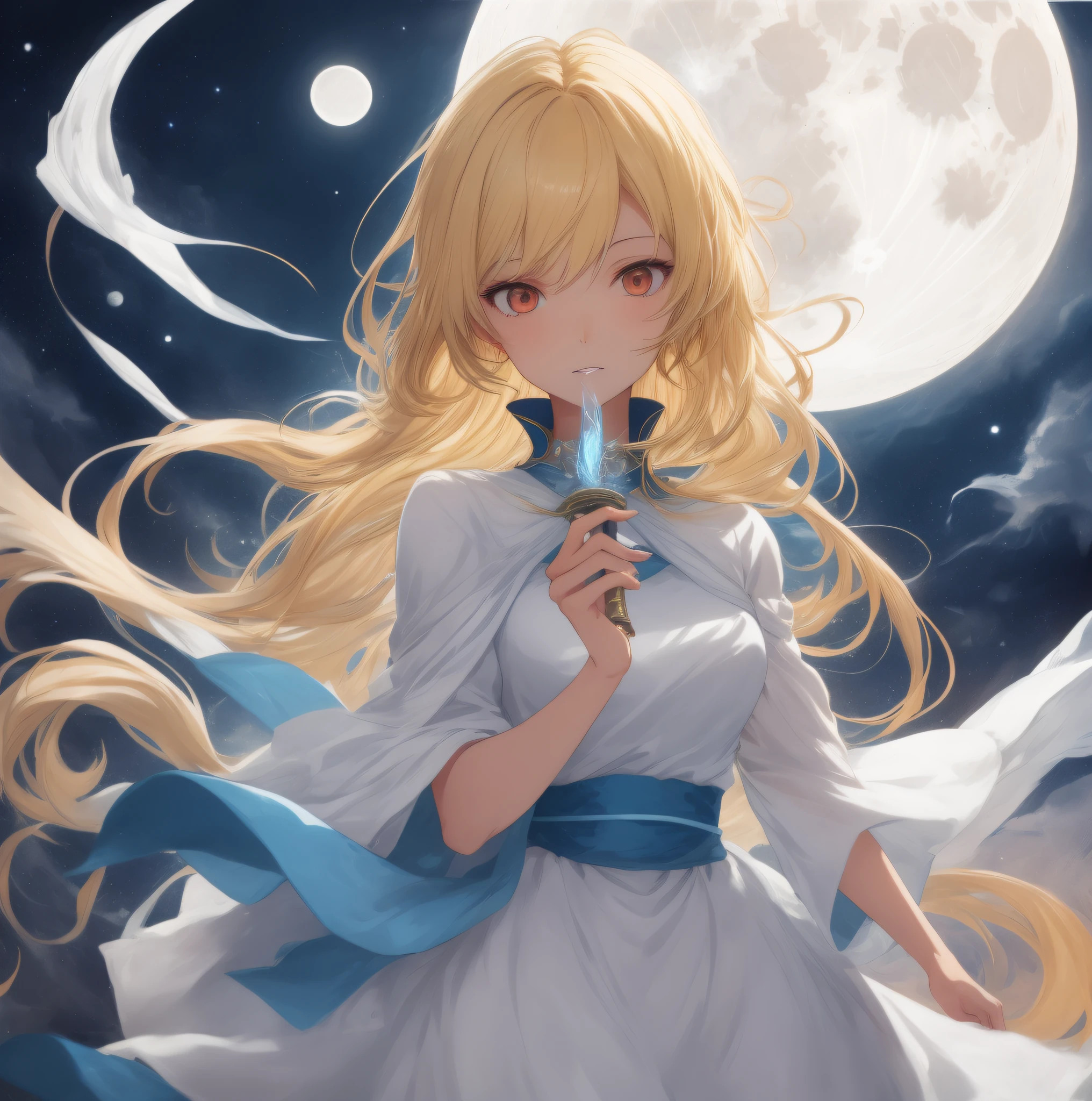 blond haired girl in a white dress with a blue light in her hand, beautiful young wind spirit, goddess of the moon, goddess of light, goddess of the moon, blonde girl in a cosmic dress, goddess of the moon, blonde anime girl with long hair, portrait of a norse moon goddess, Princess「Kida」Kidagakash, anime goddess, glowing flowing hair