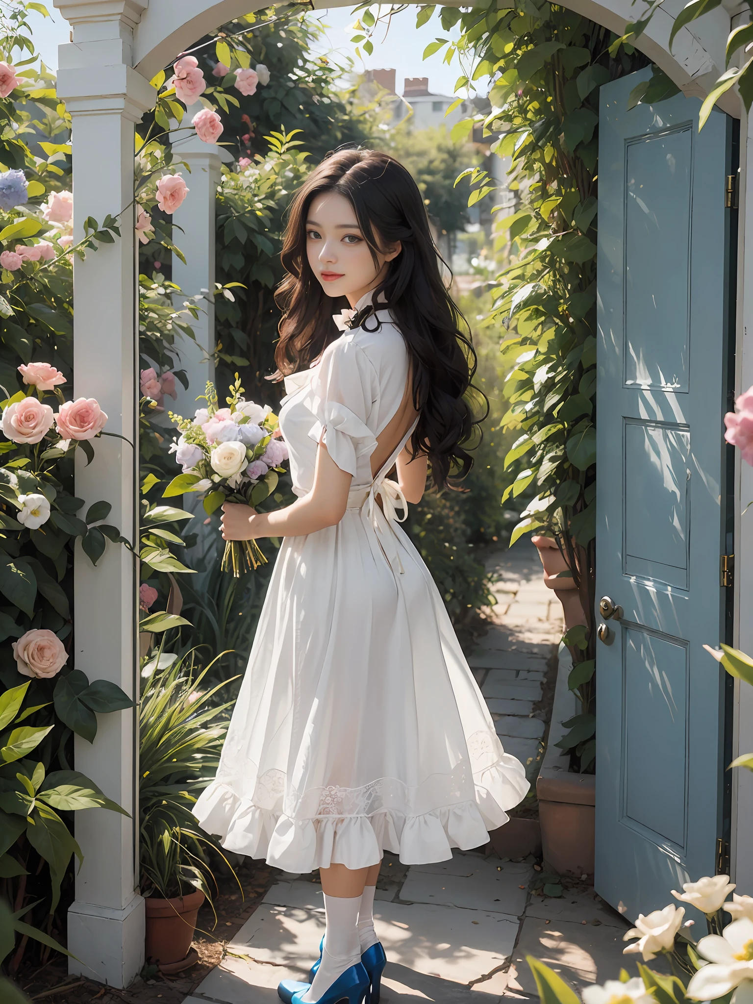 (masterece-piece:1.3)、(8K、photorealestic、Raw photography、beste Quality: 1.4)、(1girls)、Shallow depth of field、My face is in focus.、softfocus、beautifulface、(back lighting:1.5)、(Ambient:1.3)、(realistic faces)、(blackhair、Medium Short:1.3)、realistic eye、Dark brown eyes、Highlights in the eyes、Beautiful details、(Plenty of natural light)、(lifelike skin)、Beautiful skin、irresistible、ultra-highres、ultra realistis、high-detail、the golden ratio、One woman with a faint smile、full full body、Pure white smooth and shiny silk socks、pumps、Standing in front of garden arch with bouquet of flowers、Loosely wavy hair、ponie tail、Braiding、Ribbons in the hair、Floral blouse with ruffles、bowtie、Blue skirt