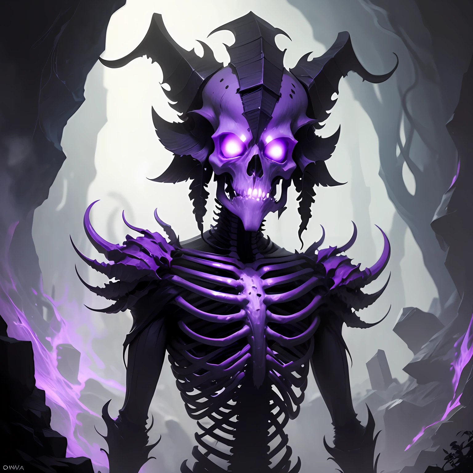male skeletal creature, corrupted by a black and purple corruption, em atmosfera de caverna misteriosa e sombria, rosto desfigurado, olhos vazios, trevas profundas, sombras alongadas, silhueta distorcida