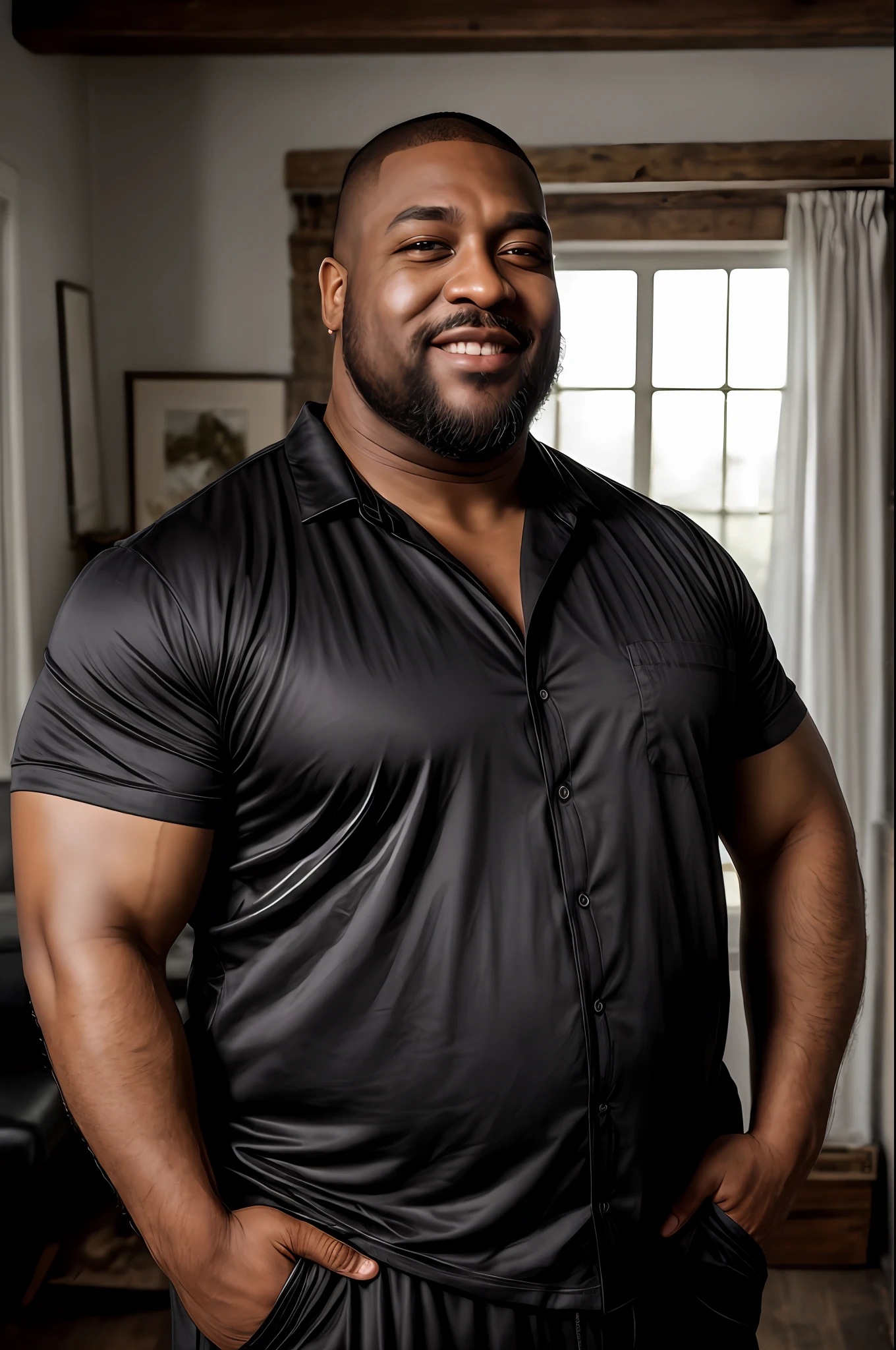 closeup portrait photo of a Daddy Bearded Hairy Bear Big Beefy Body Chubby Muscle Bear Bald Jamaican man wearing wearing black open shirt with Black boxers on,48 years old, short thick chubby neck, face, 8k uhd, high quality, film grain, Farmhouse living room, Realistic Arms details, Realistic Hands details, Realistic Fingers details, realistic lips details, realistic mouth details and Realistic Body details, realistic body hair details, Realitic Clothes Details ,No Merged Arms