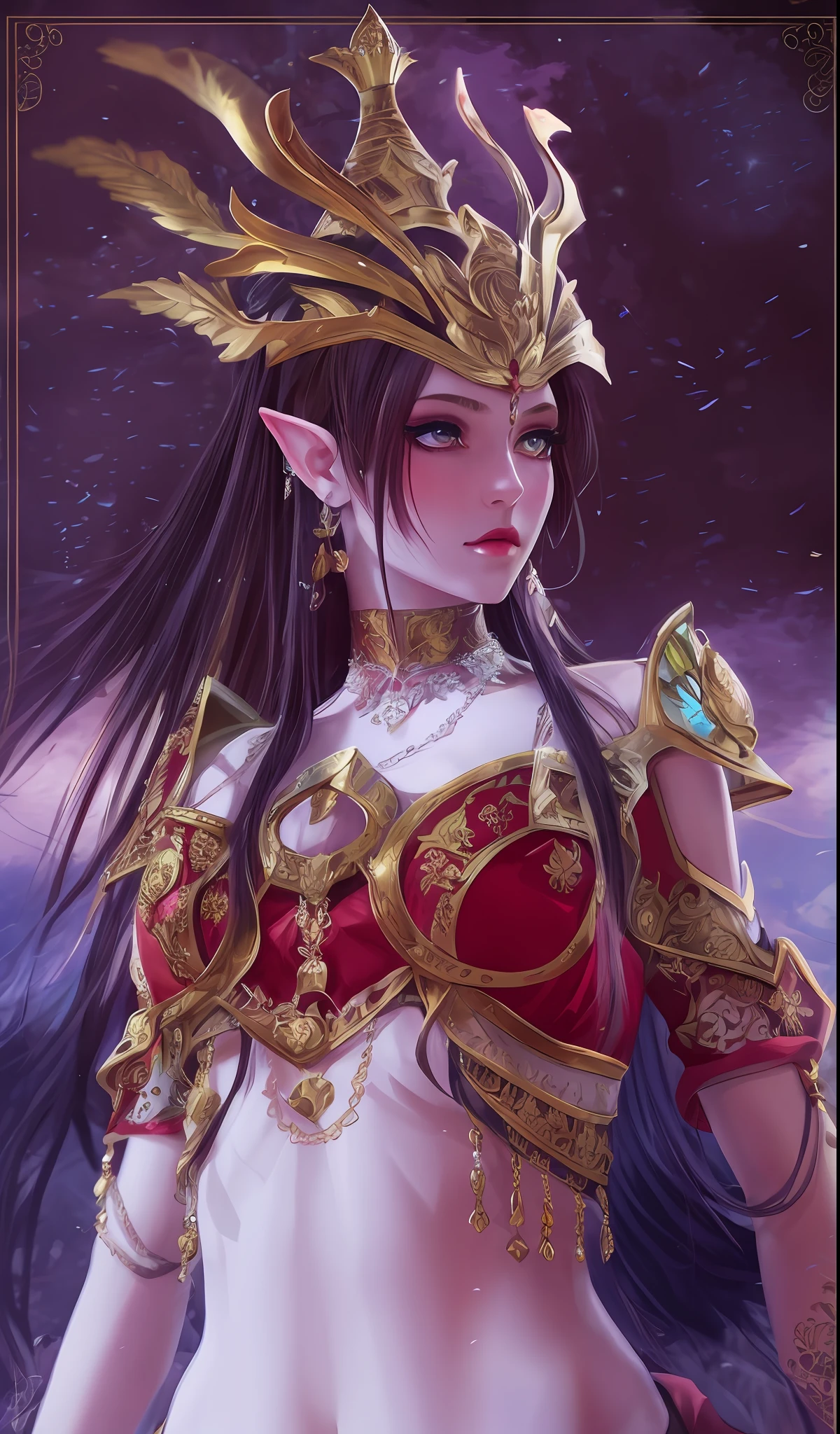a close up of a woman in a red and gold costume, Queen Medusa in the Douluo Continent,portrait of an elf queen, beautiful and elegant elf queen, detailed fantasy art, 2. 5 D CGI anime fantasy artwork, detailed digital 2d fantasy art, alluring elf princess knight, digital 2d fantasy art, detailed fantasy digital art, Epic fantasy digital art style, dark elf princess, an elf queen