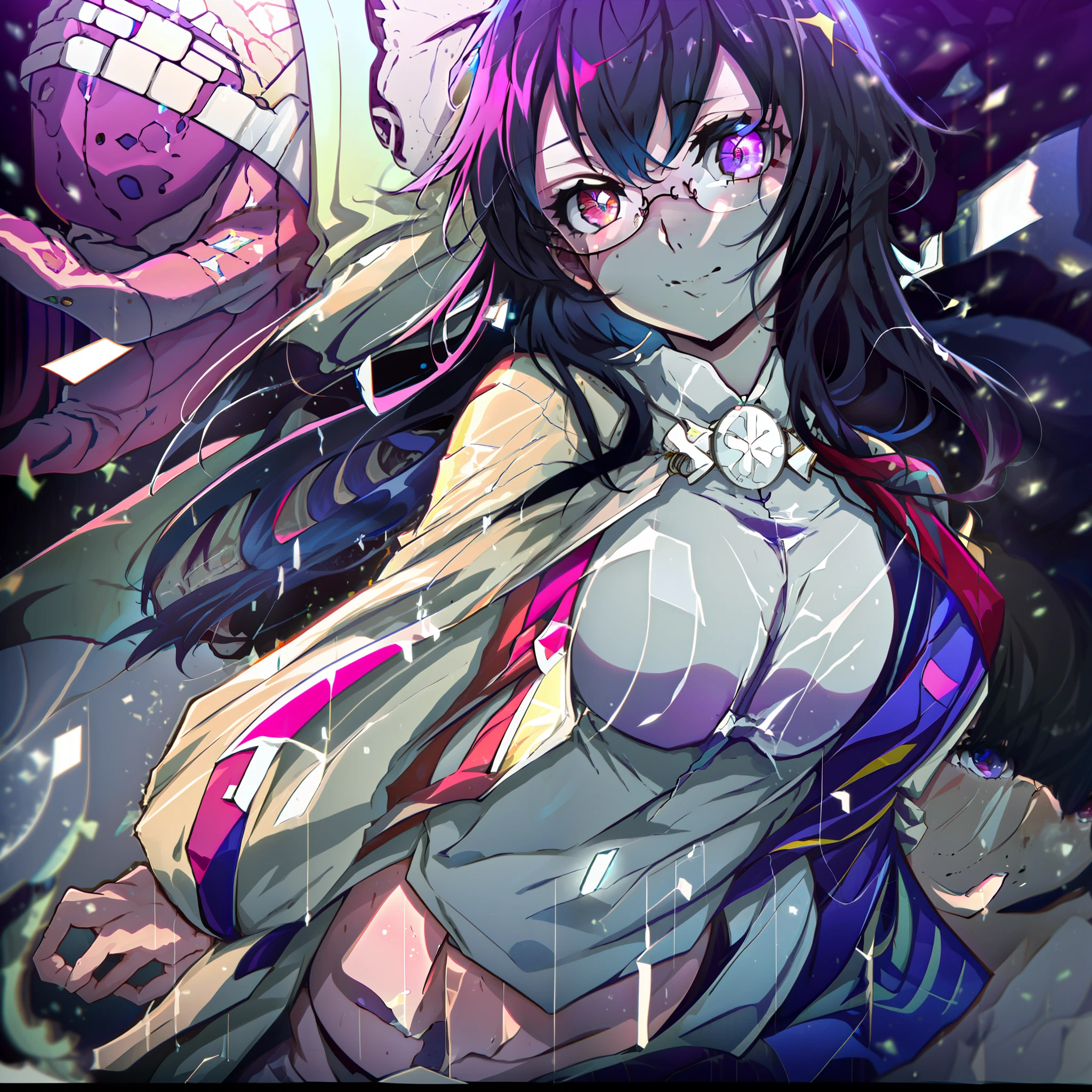 2d, masterpiece, best quality, anime, highly detailed face, highly detailed eyes, highly detailed background, perfect lighting, 1girl, solo, standing, ,koe no katachi, round glasses,Shouko Nishimiya, ,, huge breasts, glowing eyes, Hoshino Ai Eyes, smirk, short dress, Heterochromia, close-up,cleavage
