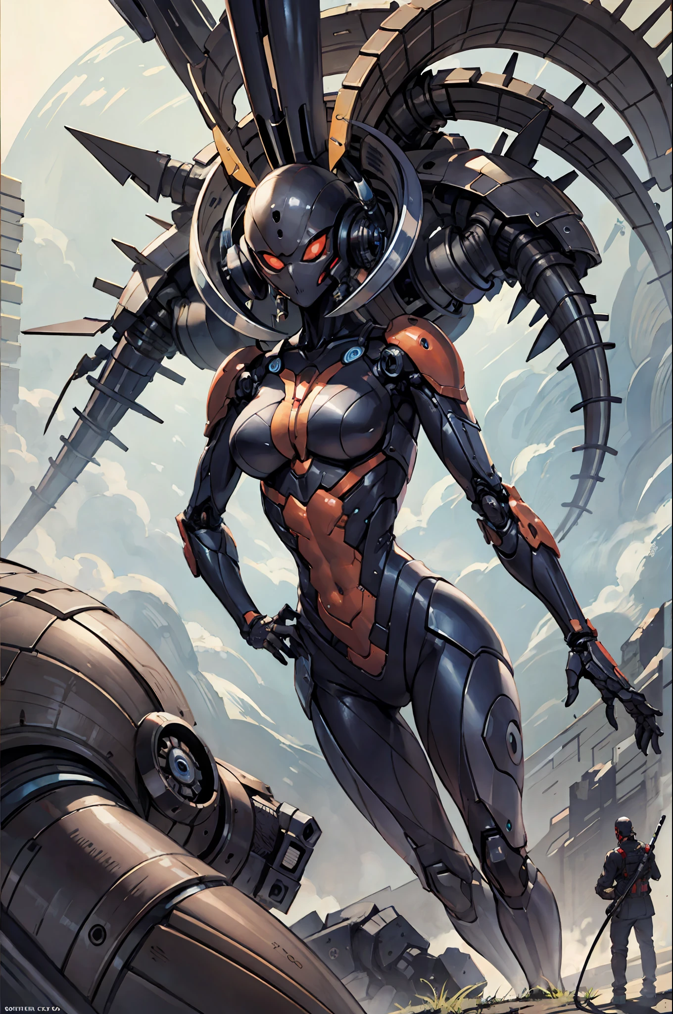 (best quality), oriental detailed background, girl with man, science fiction,mechanical arms, guro,alien, monster