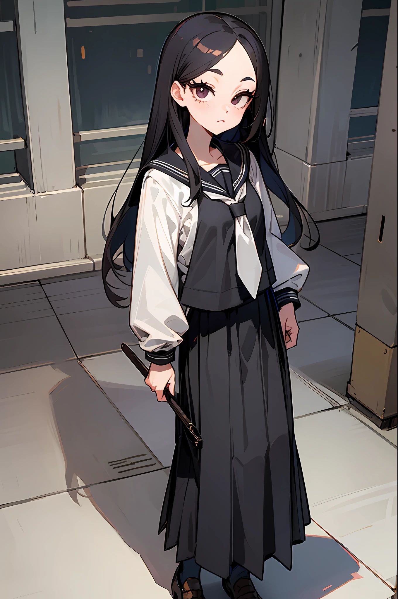 master piece,hyper quality, hyper detailed,Perfect drawing,BNHA,。.3D,8K,illustration、One Girl、long dark hair、Black sailor suit、Pleated skirt with ankle-length length((Maxi skirt 1.3)))、standing with hands in her pockets、keen eyes、long eyelash、Flimsy leather student bag、Loafers worn with heels stepping on the heels、Dark eyeliner、Accurate drawing、Detailed drawing