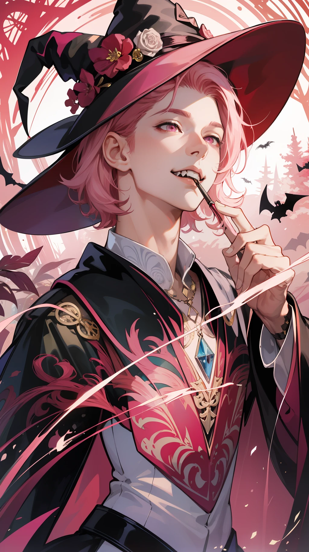 Absurdres, intricate details, masterpiece, best quality, ultra high res, 8k, 1boy, male, bat pattern witch costume, big pointy hat, complex patterns, witch boy, slender, light smile, big pink eyes, eye reflections, short male pink hair, potions, pink forest, (sharp fangs:1), RAW photo, solo, conjuring smokes
