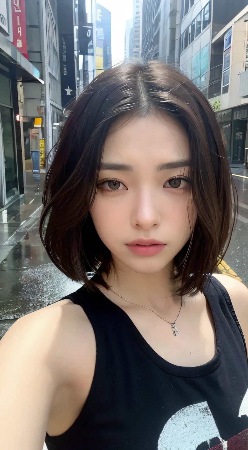((Top Quality, 8k, Masterpiece: 1.3)), Sharp Focus: 1.2, (Realistic, Photorealistic: 1.37), Perfect Beautiful Woman, Highly Detailed Face and Skin Texture, Detailed Eyes, Double Eyelids, Melancholy, Painful, Sad, Discouraged, Loose Fluffy Bob Cut, Small Bust, Small Necklace, White Sleeveless, In the Rainy City, Rain Outside,
