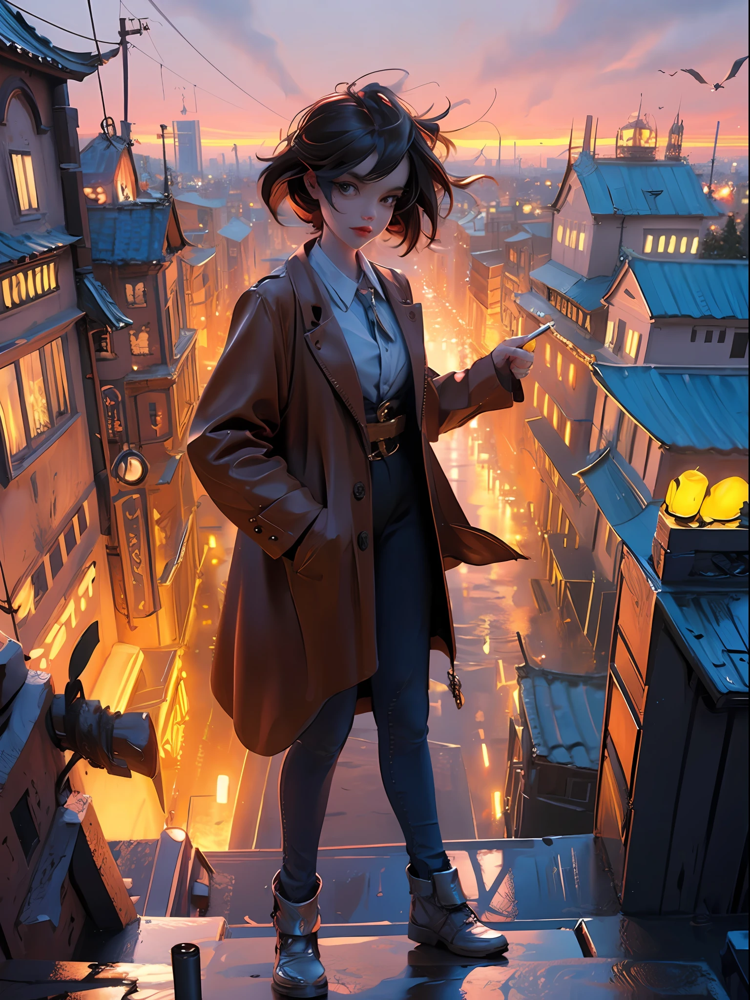 ((Masterpiece)), ((Best quality)), 8K, high detaild, Ultra-detailed, A girl standing on the rooftop overlooking the city, teto, Buildings, Streets, City lights.