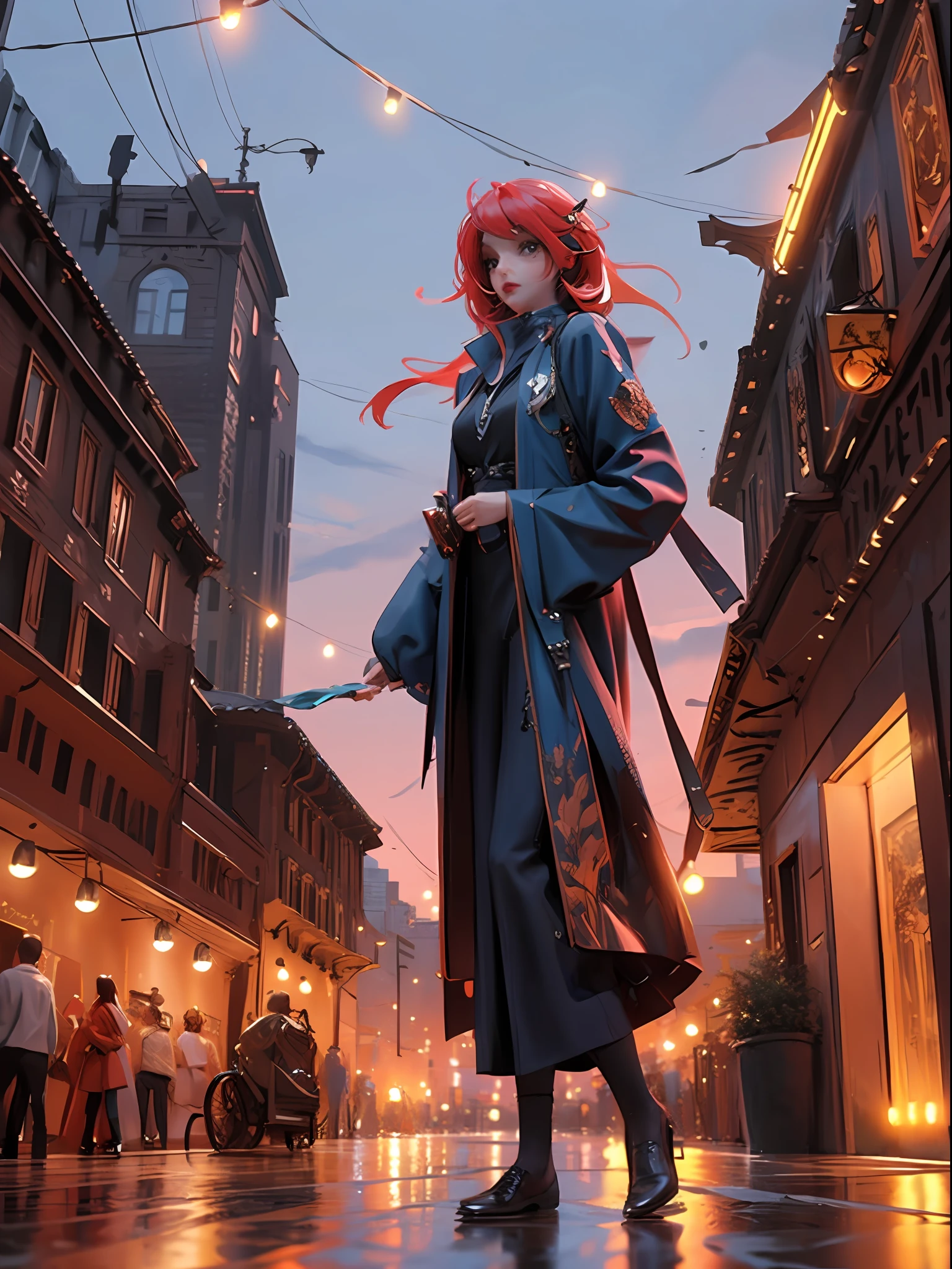 ((Masterpiece)), ((Best quality)), 8K, high detaild, Ultra-detailed, A girl standing on the rooftop overlooking the city, teto, Buildings, Streets, City lights.