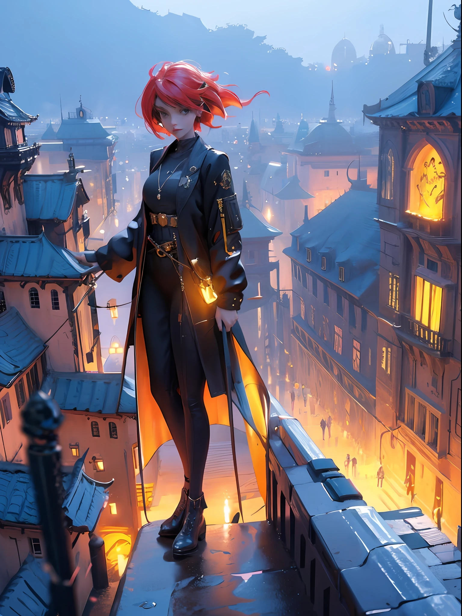 ((Masterpiece)), ((Best quality)), 8K, high detaild, Ultra-detailed, A girl standing on the rooftop overlooking the city, teto, Buildings, Streets, City lights.