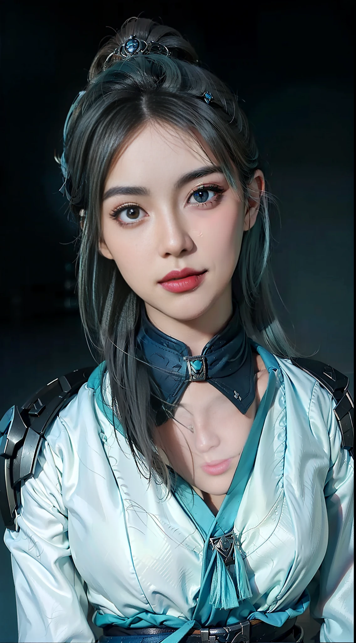 （Medium head） Perfect face， beatutiful face， extemely detailed eyes， beautifull eyes， medium eyes， Sexy posture， standing alone， 1girls，Smile with，bluehair， best possible quality， The Masterpiece，hair ornament， mitts，flegs， perfect litthing，《Intrepid Covenant》Style of play，Sage