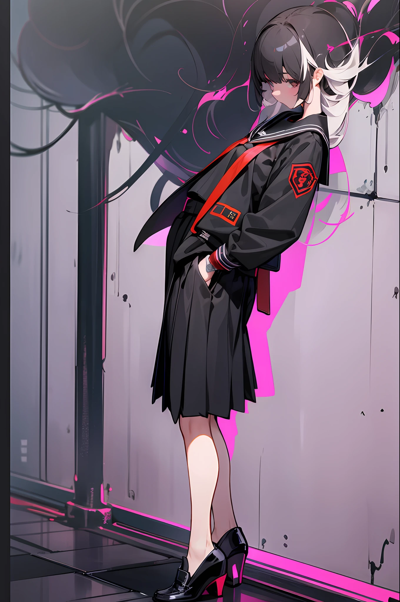 master-piece,hyper quality, hyper detailed,perfect drawing,CG,3D,8k,illustration、One Girl、long dark hair、Black sailor suit、Pleated skirt with ankle-length length((Maxi skirt 1.3)))、Standing facing the front with your hands in your pockets and your body at an angle of about 45 degrees、keen eyes、long eyelash、Flimsy leather student bag hanging on wrist、Loafers worn with heels stepping on the heels、Dark eyeliner、Accurate drawing、Detailed drawing