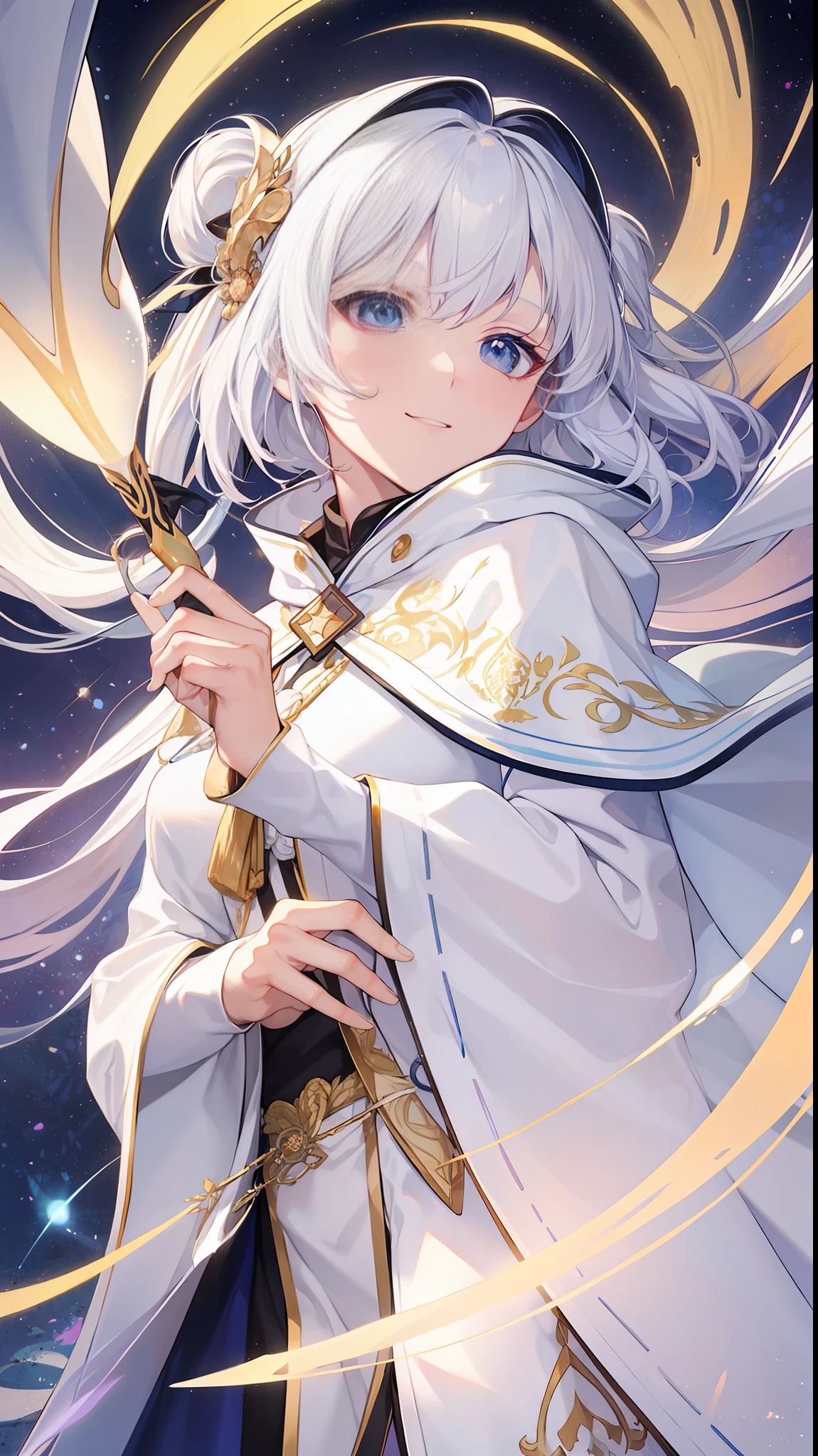 rabbit ear Masculine Silver hair Blue kimono Waving a wand Magic