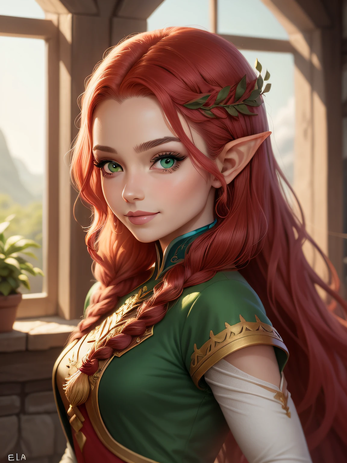 kidny,Chibi, ****** Elfa Corp Interio, grama, campo, flor, cabelo vermelho, with red hair with a braid in the hair and green eyes, Princesa elfa, Keyleth, Princesa elfa,, elven character with smirk, side portrait of elven royalty, female elfling, ****** elfa, Rio Princesa, elfo princesa cavaleiro, Ela tem orelhas de elfo e olhos dourados, Elfo feminino