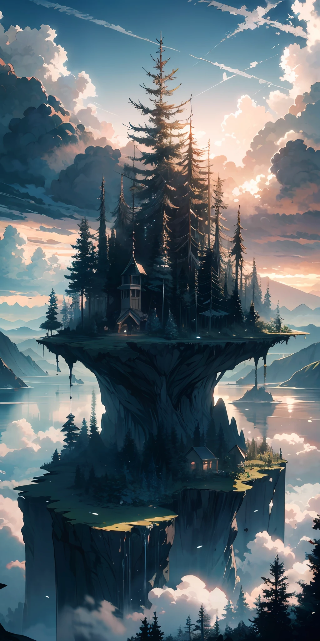(an epic and breathtaking island landscape),(majestic forest in island),(a surreal floating island in middle air),(fluffy clouds),(calm water),masterpiece, best quality, ultra-detailed, (best aesthetics, highest contrast and resolution),dynamic and intricate details, high resolution, 8K wallpaper