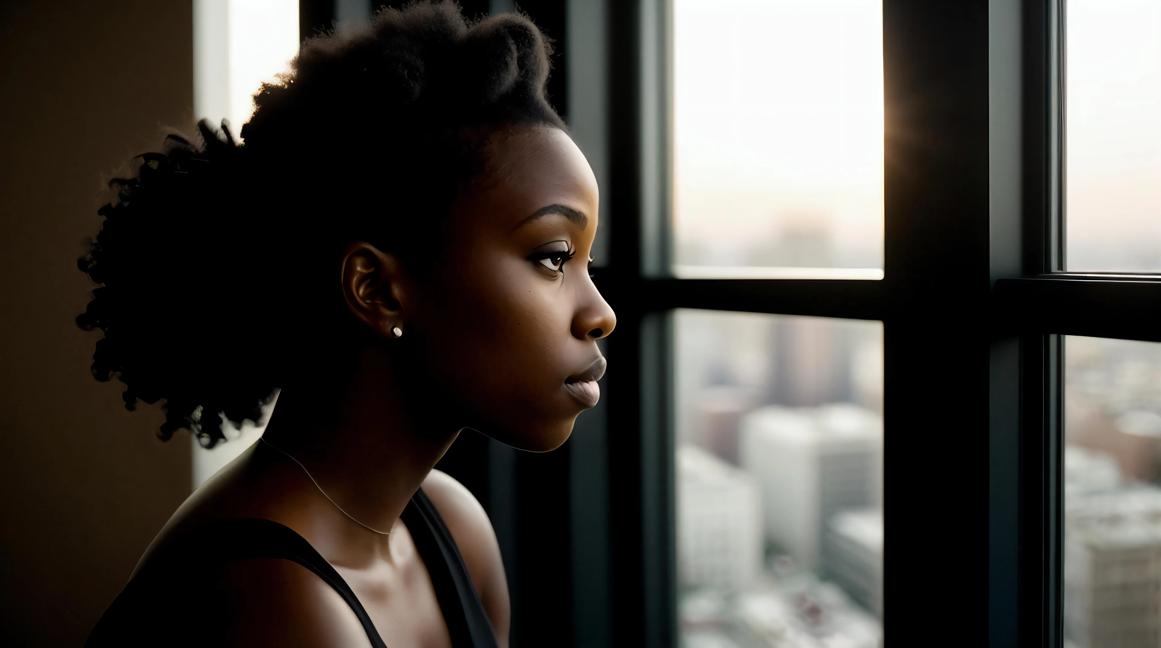 movie still, silhouette of a black woman looking out a window, minneapolis as background, hair up, candid portrait photograph, taken with canon eos 5 d, modeling photograph kerli koiv, f1.8 anamorphic, dramatic light, soft cinematic light, adobe lightroom, photolab, hdr, intricate, highly detailed, fine details, key light, backlight, sharp focus, soothing tones, low contrast, exposure blend, movie scene, film grain, bokeh