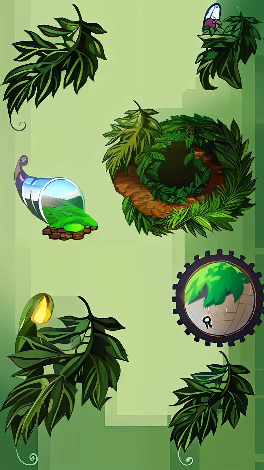 um close up de um monte de plantas e folhas diferentes, ambiente dourado, game asset of plant and tree, game icon asset, Ativos do jogo, arte conceitual ambiental, stylized vegetation, props containing trees, pacote de ativos, um pouco de vida vegetal, plantas detalhadas, Ativo do jogo, pines symbols, Conjunto de sprites HD de alta qualidade, isometric game asset, dourado