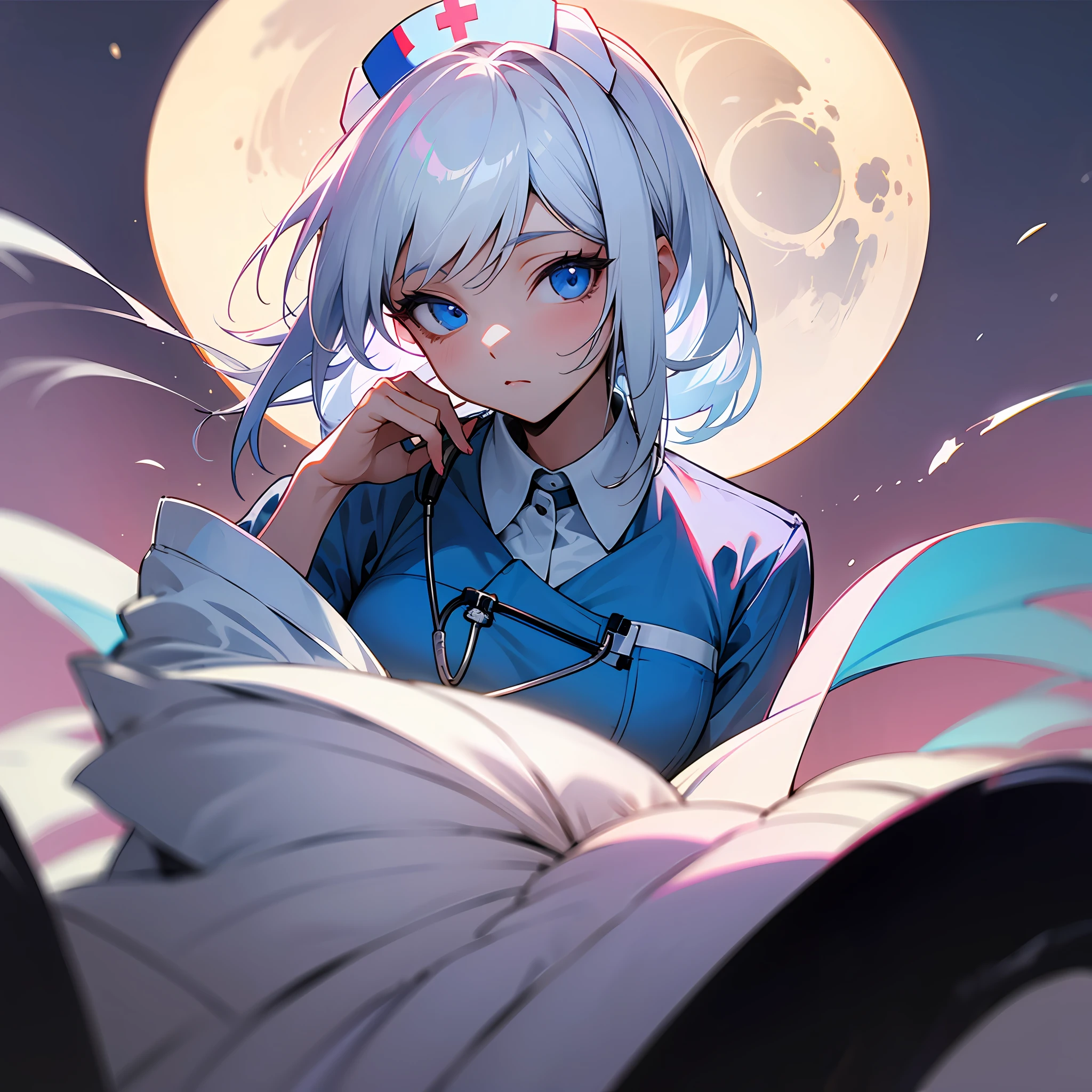 masterpiece best quality 1girl, white hair,blue eyes, nurse uniform, moonlight --auto
