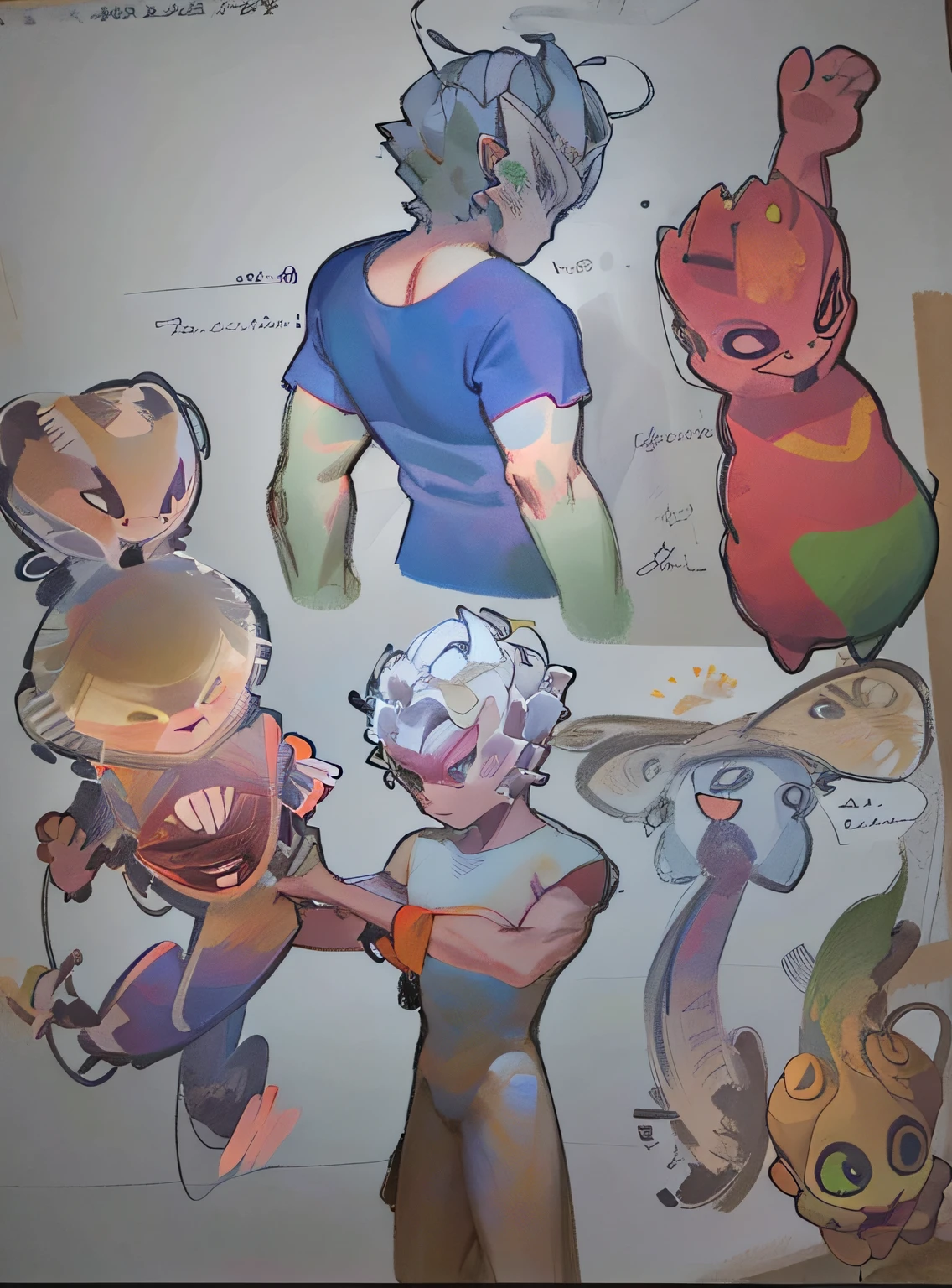 there are many cartoon characters drawn on a sheet of paper, caracteres musculares, several character designs, pintura de desenhos de personagens, desenho colorido, comic character design, ( ( arte conceitual do personagem ) ), colored sketch anime manga panel, arte conceitual colorida, Directed by: Okada Beisanjin, design de personagens, comic shading, no estilo de arte do anime 8 0 s --auto