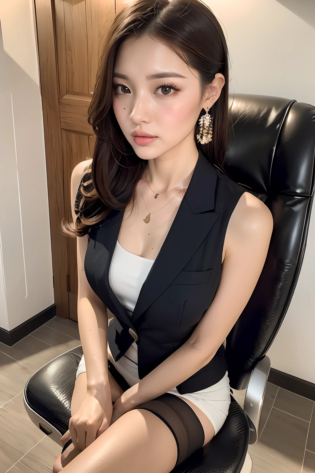(Innocent and Cute girl:1.3), (Wearing Luxury business suit: 1.2), (Thin black tights), ((Zettairyouiki:1.3)), (High-Ponytail hairstyle, Light brown hair, wavy hair), medium large breasts, (Sitting on the Office chair with one's legs crossed:1.4), (in the entrance of Office), (Selfie Pose on Instagram:1.2), from above, BREAK, (Masterpiece: 1.3), (Maximum resolution: 1.2), (Ultra HDTV: 1.2), Cinema Light, Ultra HDTV, (Detailed eyes and skin:1.2), (Detailed facial features), HDR, 8k resolution, Sharp focus: 1.2, Perfect style, Beautiful face, beautiful legs, accurate, anatomically correct, Highly detailed face and skin texture, Detailed eyes, Brown eyes, Double eyelids, Thin eyebrows, Glitter Eyeliner, Natural cheeks, fair skin: 1.2, earrings, without a shiny small necklace, (Glossy lips: 1.4),