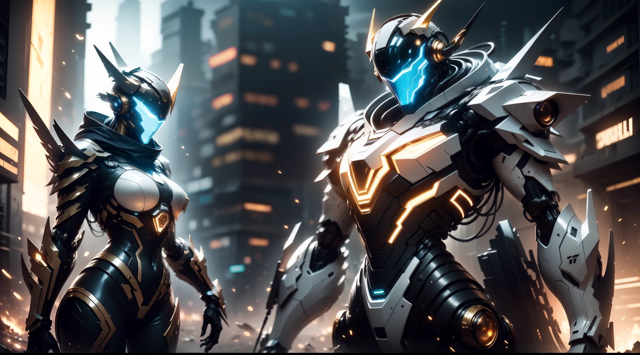 My Mecha and I,2 people apart,Combat posture, 2 people fighting side by side,Beautiful cyberpunk woman with her mech in the ruins of the city of the forgotten war,Pictorial composition,Lifelike,metallic shine,glint,bioluminiscent,galactic cybernetic mask,Mecha Wars,Brutal battlefield,The Masterpiece,Scarf,Glowing cloak,SH4G0D,Cinematic Lights,Dark gold,glossy white,arma,octane rendered,multi-layer texture,backgrounds,high-contrast,illusory 5,Very detailed details,Two-tone illumination,Low ISO,White balance,8K raw data,Efficient sub-pixel,sub-pixel convolution,Luminescent Particles,Light scattering,tyndalleffect。