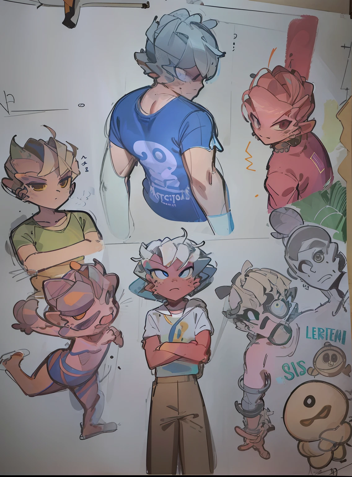there are many cartoon characters drawn on a sheet of paper, caracteres musculares, several character designs, pintura de desenhos de personagens, desenho colorido, comic character design, ( ( arte conceitual do personagem ) ), colored sketch anime manga panel, arte conceitual colorida, Directed by: Okada Beisanjin, design de personagens, comic shading, no estilo de arte do anime 8 0 s --auto