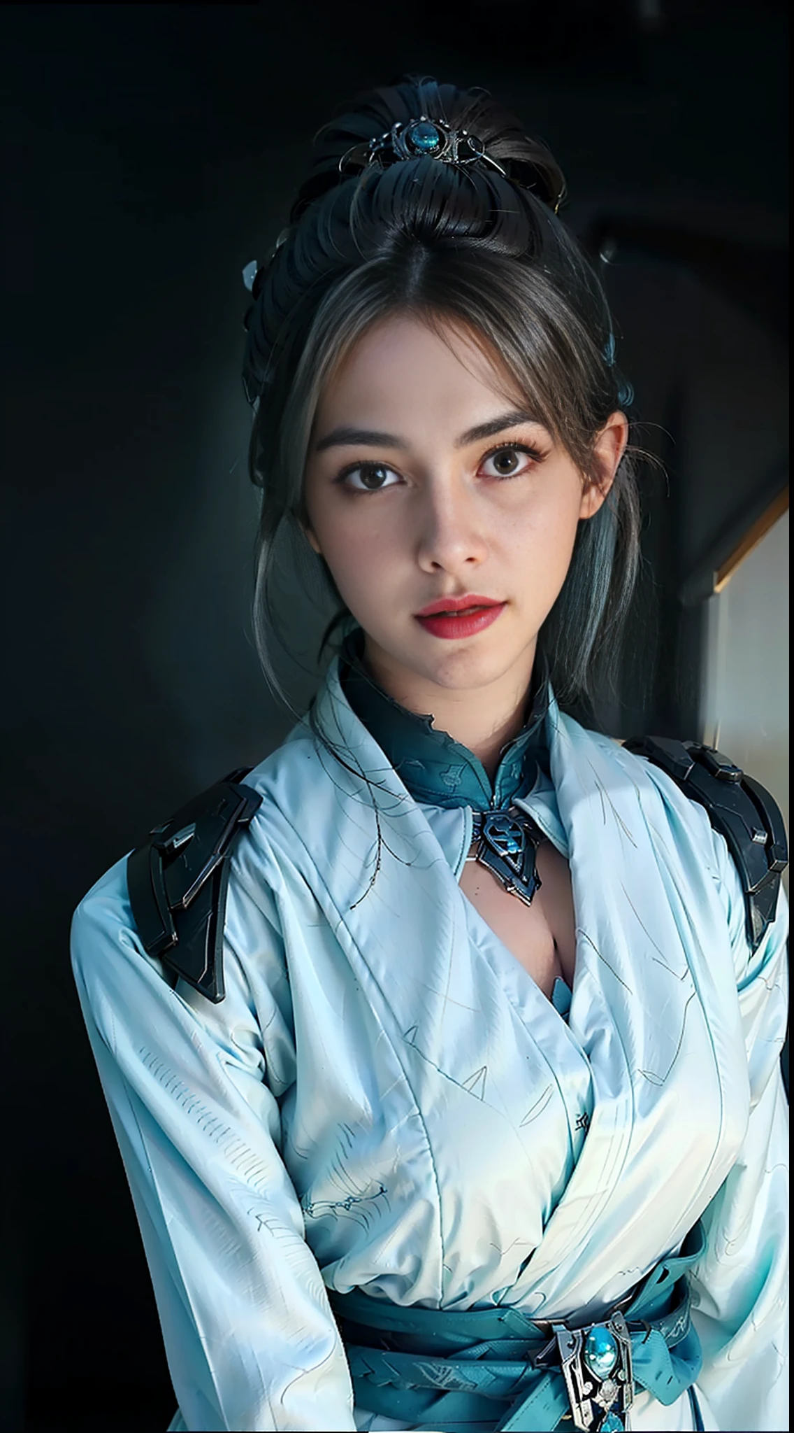 （Medium head） Perfect face， beatutiful face， extemely detailed eyes， beautifull eyes， medium eyes， Sexy posture， standing alone， 1girls，Smile with，bluehair， best possible quality， The Masterpiece，hair ornament， mitts，flegs， perfect litthing，《Intrepid Covenant》Style of play，Sage