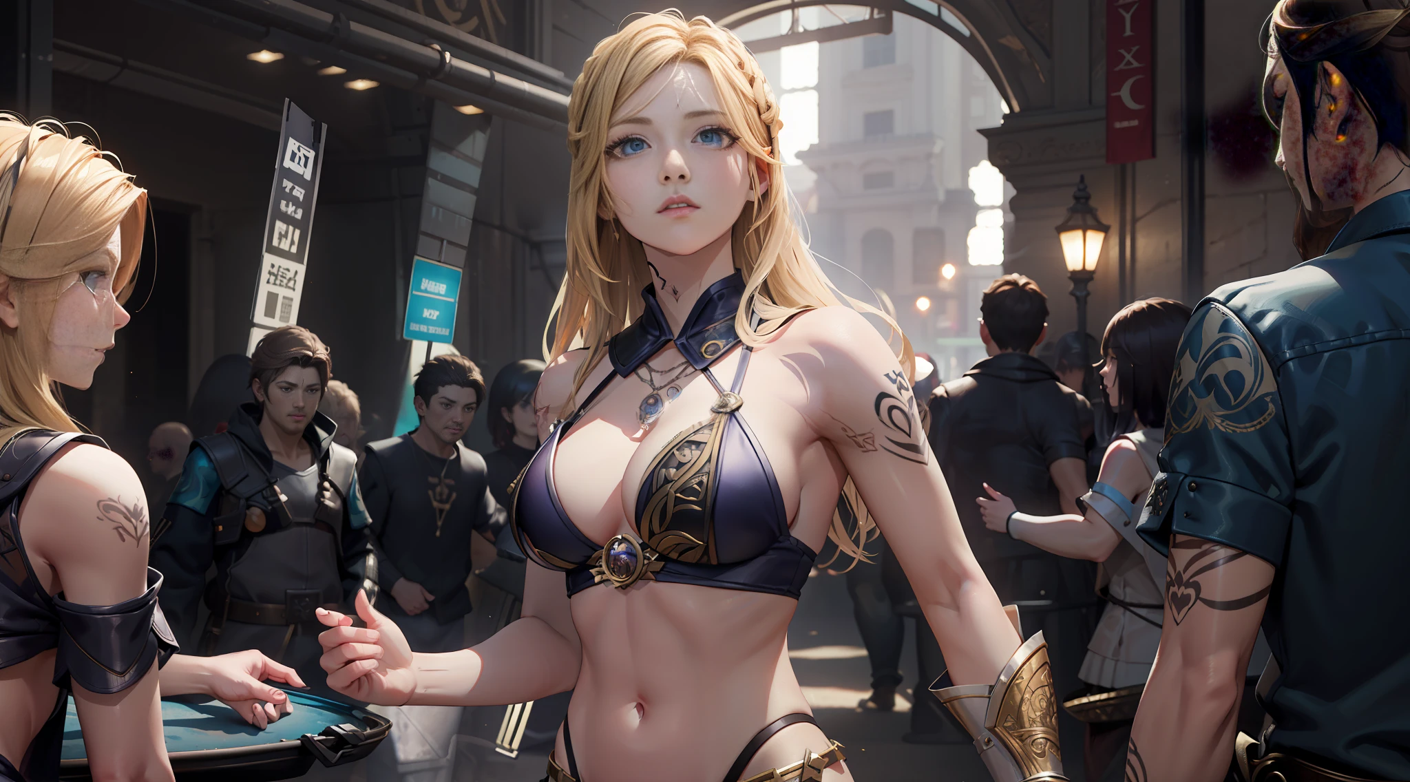 Sexiest an cute viking girl (full body)(tribal tatto on the face), at a gathering in a viking settlement, photorealistic face, photorealistic body, long waved blonde hair, deep ocean blue eyes, using silver war  whit golden vines as clothes, armor and dress mix, sharp focus, intricate detailing, hyper realistic art, realistic digital art, cryengine, symmetric, cinematic, photoshoot on 25mm lens, depth of field, tilt blur, shutter Speed 1/1000, F/16, White Balance, 32k, Super-Resolution, Pro Photo RGB, half rear Lighting, backlight, dramatic Lighting, Incandescent, soft Lighting, volumetric, conte-Jour, global Illumination, scattering, shadows, uncovered , uncovered back, uncovered , puffy , Rembrandt and Masamune Shirow mixed art style, trending on artstation --auto