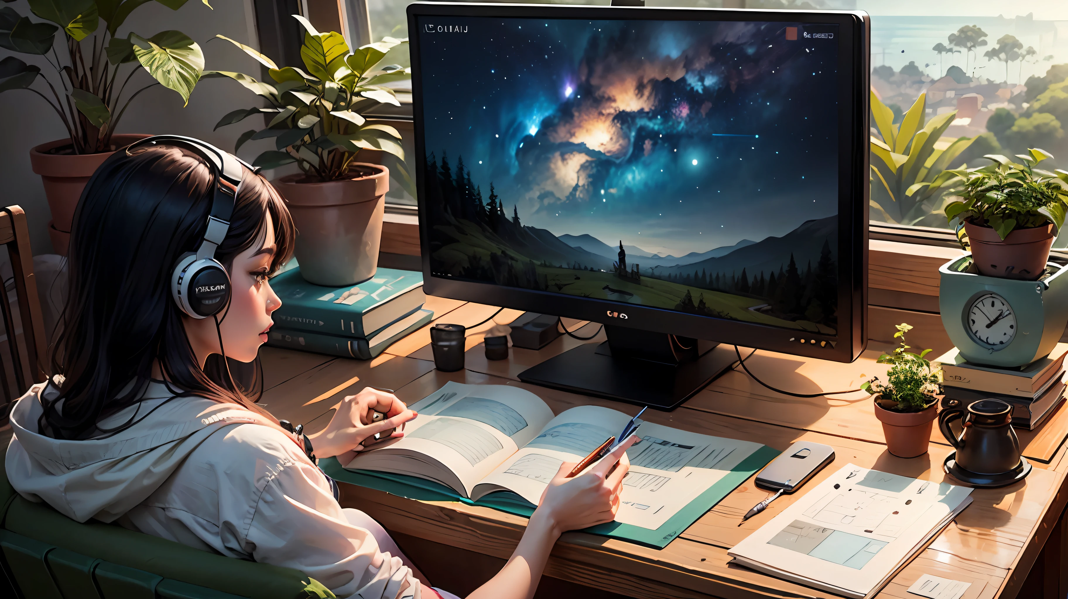 Draw an illustration of a person listening to cartoon-style music on a computer Add elements of nature, como plantas e flores, e use uma paleta de cores suave para criar uma atmosfera relaxante.