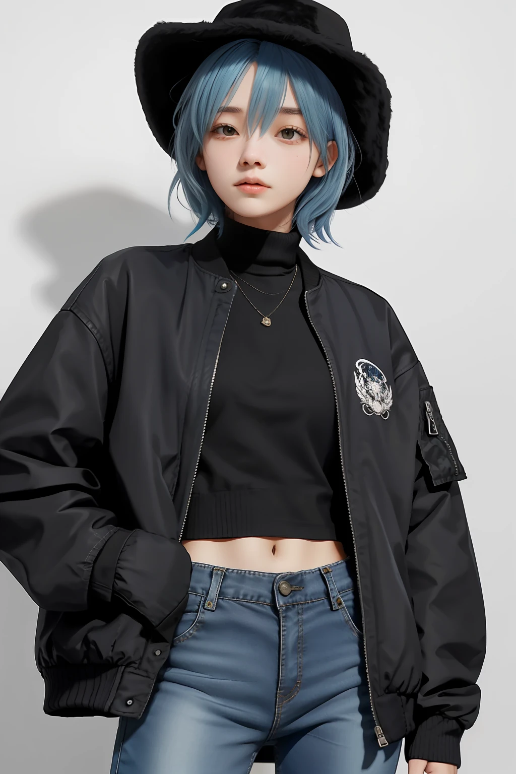 a young woman with short blue hair and a black hat, wearing a black jacket, with tattoos, short jeans