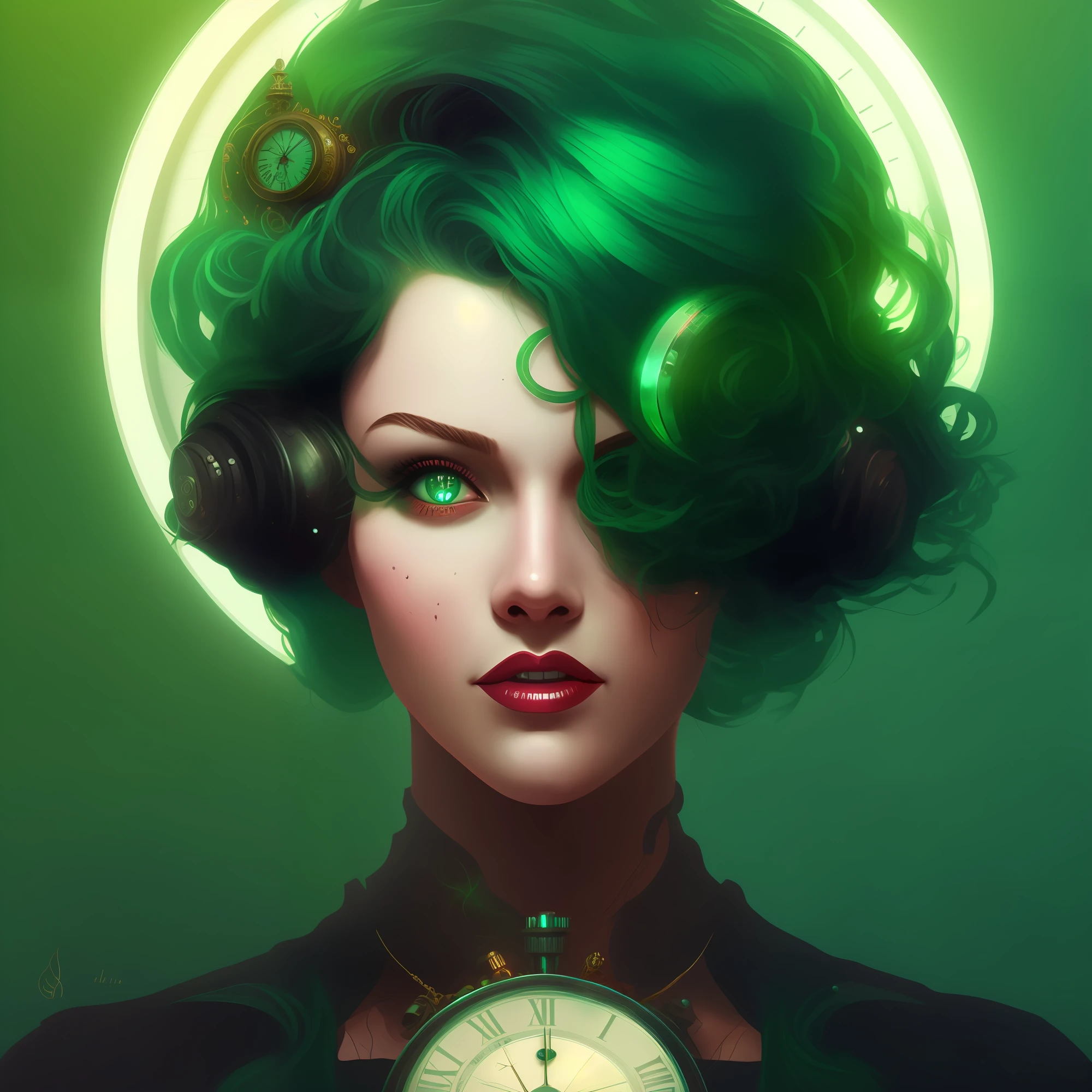 a close up of a woman with green hair and a clock, art nouveau cyberpunk! style, Art Nouveau! Cyberpunk! style, digital steampunk art, art nouveau cyberpunk, stunning digital illustration, cyberpunk medusa, Vivid steampunk concept, Exquisite digital illustration, lofi bioshock steampunk portrait, Colorful sci-fi steampunk, neon steampunk, Fantasy portrait art