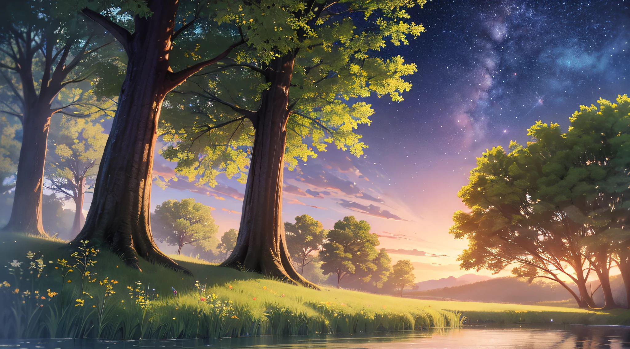 An incredibly detailed masterpiece depicting a serene and peaceful landscape. The scene includes a midnight starry sky, a vast savanna with towering trees, and an overall atmosphere of tranquility and calmness. The quality of this CG unity 8k wallpaper is nothing short of exceptional.