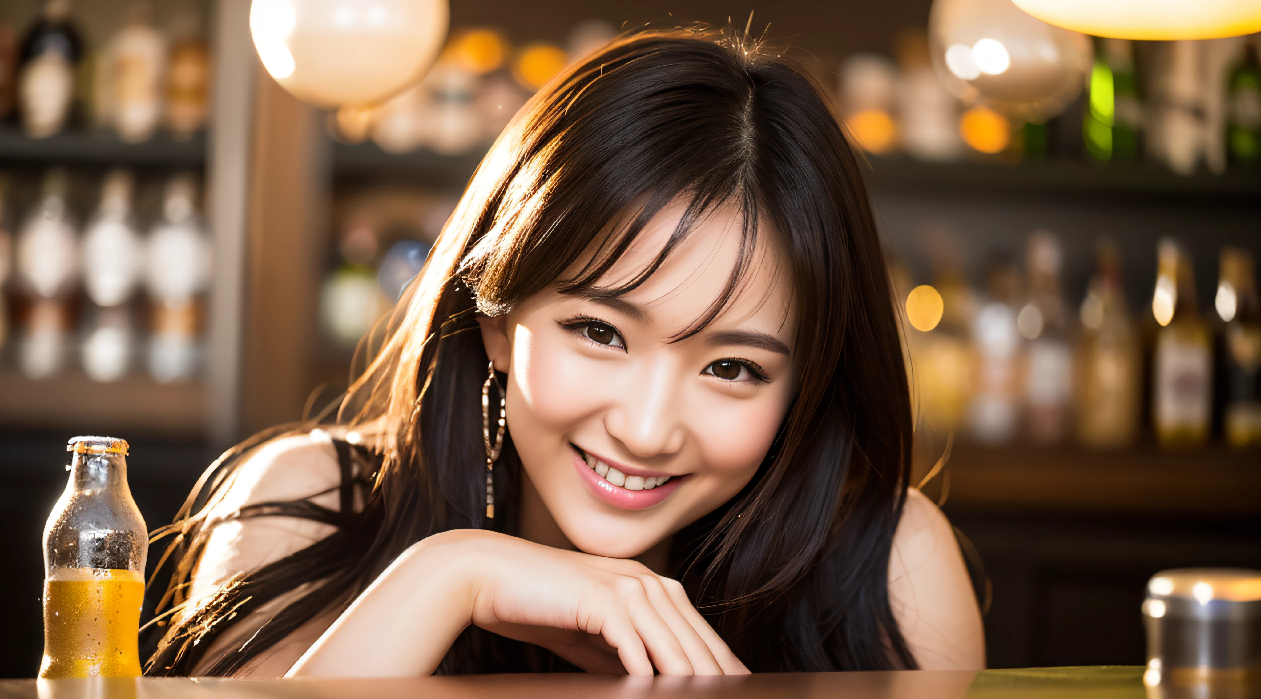 Smiling woman sitting in bar with beer bottle、young asian woman、Beautiful young Japan woman、Gorgeous young Japan woman、beautiful Japanese woman、tempting-smile、cute young woman、Smiling young woman、chiho、beautiful and smiling、young asian woman、smiling sweetly、Dilaba Dilmrat、japaneselady , long hair, drooling, Surrealism, cinematic lighting, rounded corners, first-person view, lens flare, f/1.8, 135mm, UHD, retina, masterpiece, ccurate, anatomically correct, super detail, high details, high quality, award winning, best quality, highres, 4K, 8k