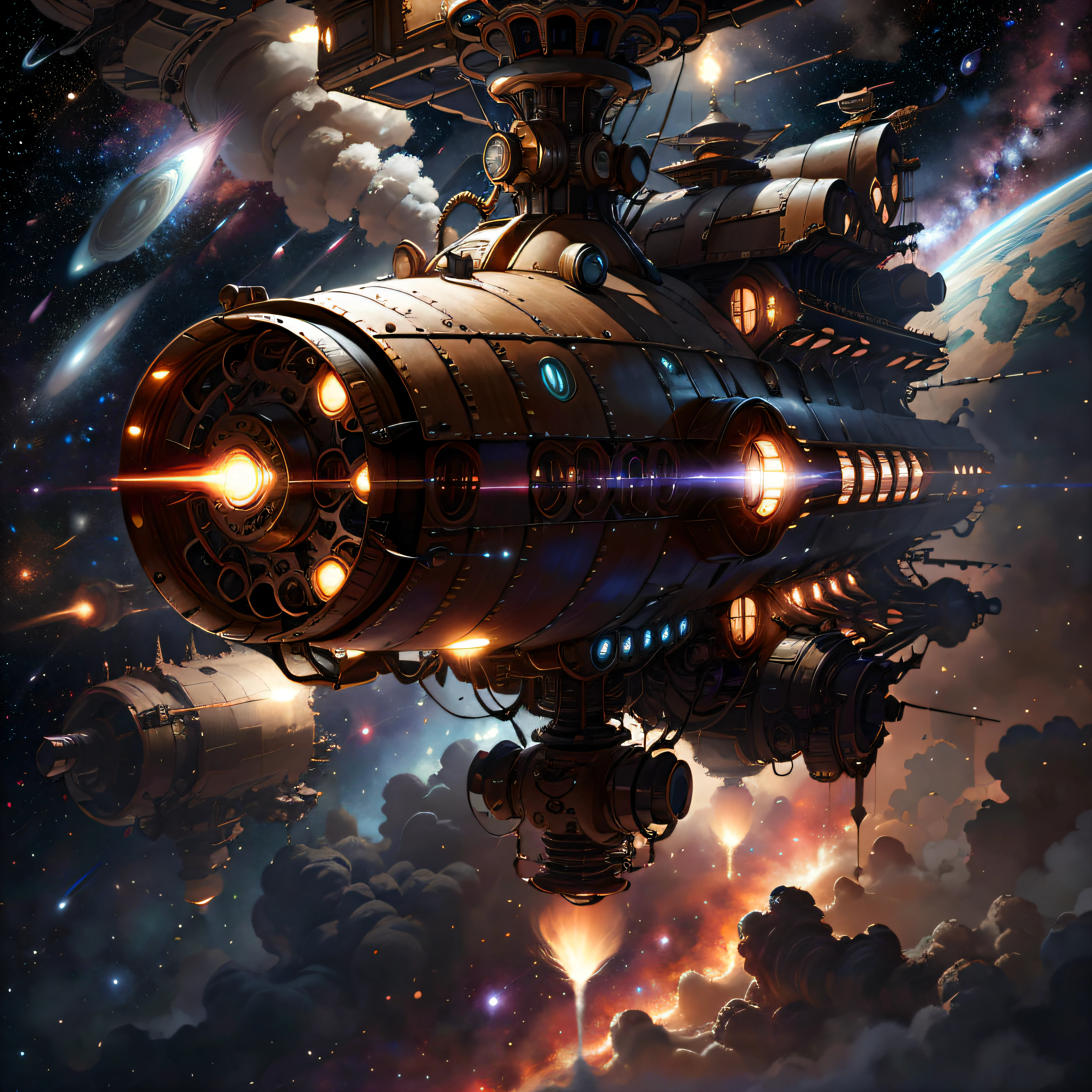 SteamPunkAI , Cogpunk  spaceship in space, stellar, mastrpiece, epic composition