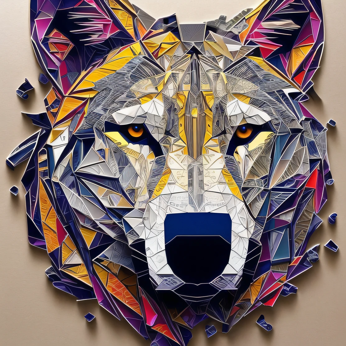 Uma imagem abstrata, but recognizable, do rosto de um lobo, Built with puzzle pieces. The image can use geometric shapes and colors to create the appearance of the wolf, mantendo o estilo da imagem mais minimalista e moderno. --auto
